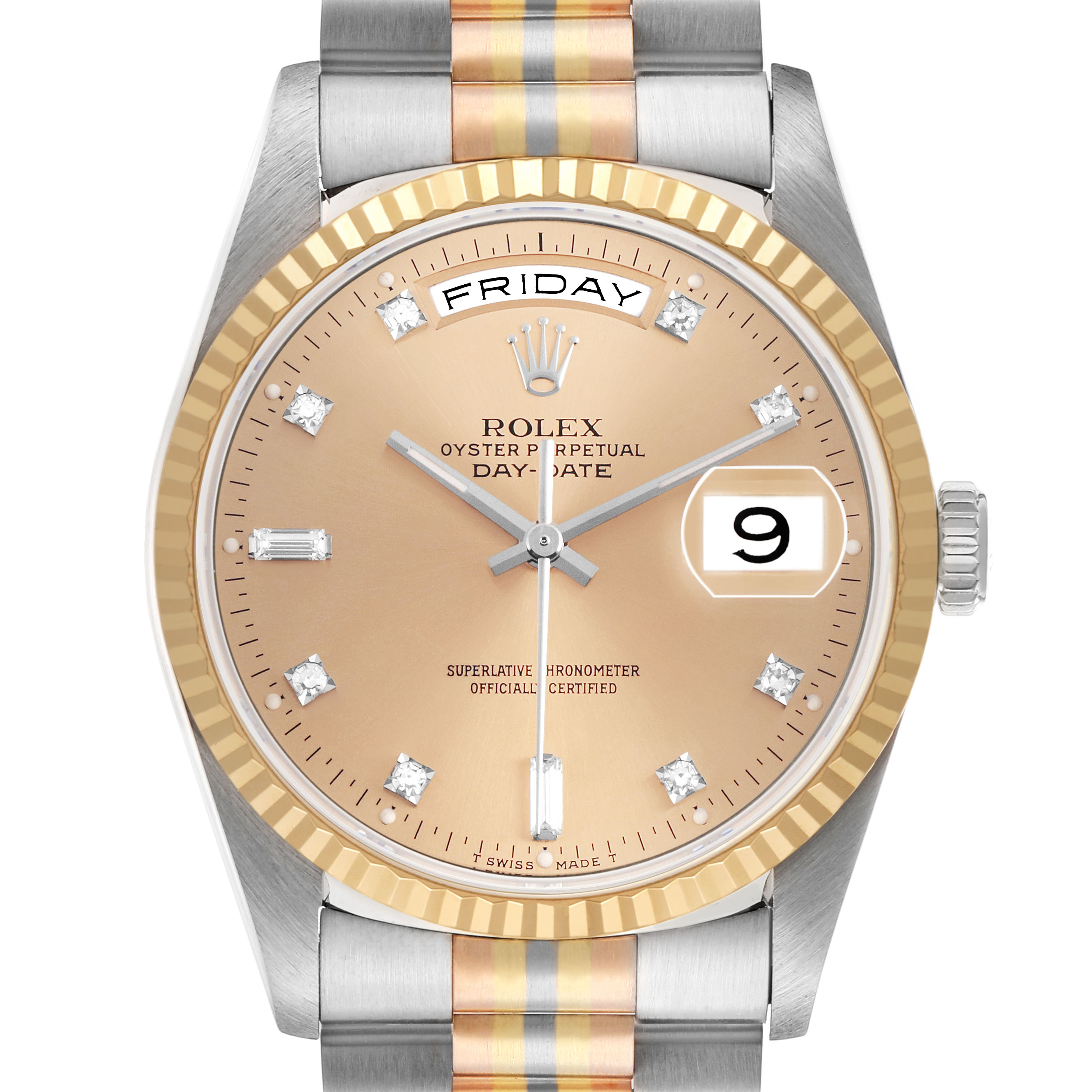 This Rolex President 18239B Men's White Gold Champagne Dial model watch is shown from the front, featuring the dial, fluted bezel, crown, and part of the bracelet.