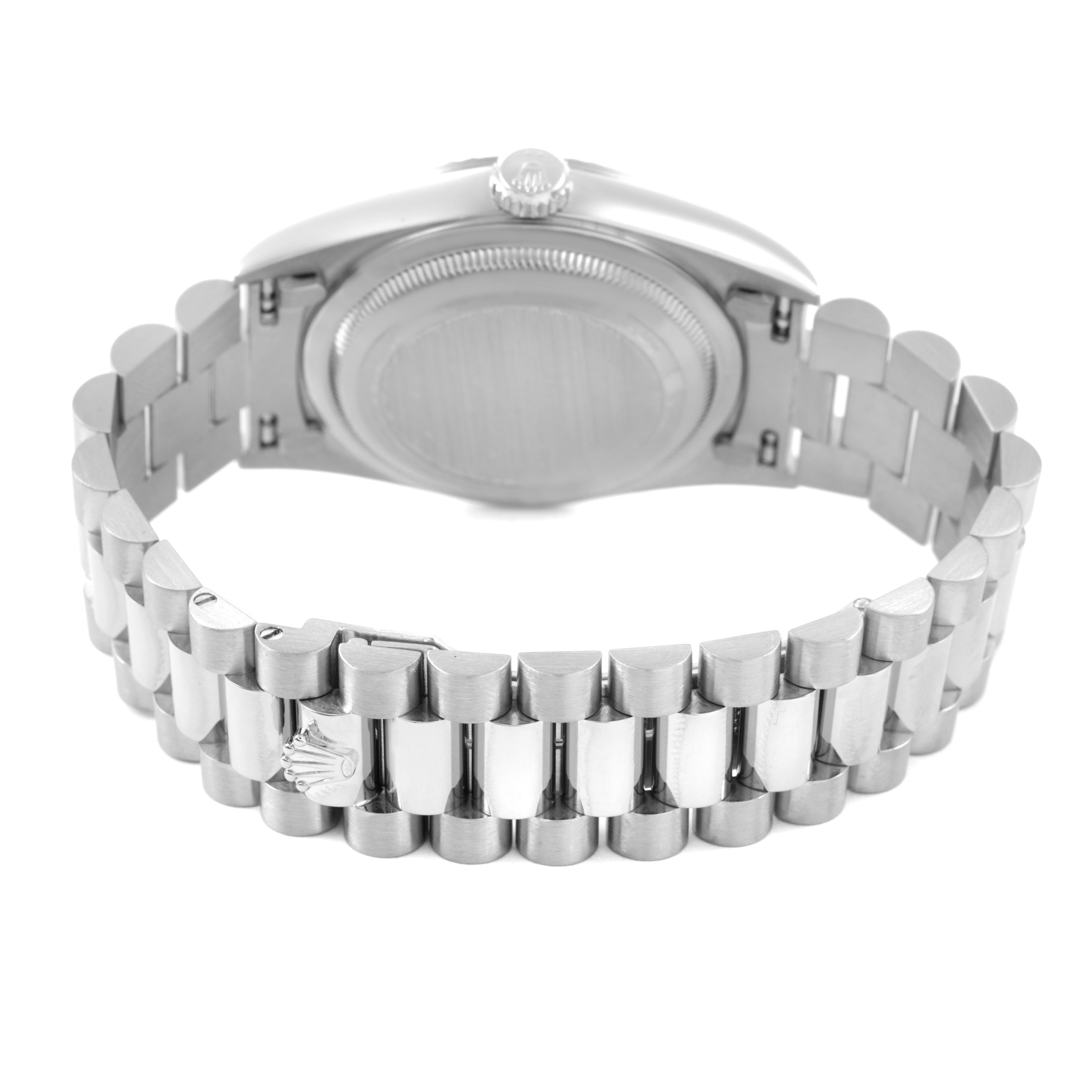 The image shows a Rolex President 18239 Men's White Gold Silver Dial watch from the back, highlighting the case back and the President bracelet with the clasp.