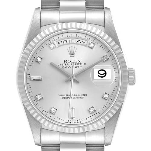 The image shows a front view of a Rolex President 18239 Men's White Gold Silver Dial model, highlighting the dial, bezel, crown, and bracelet.