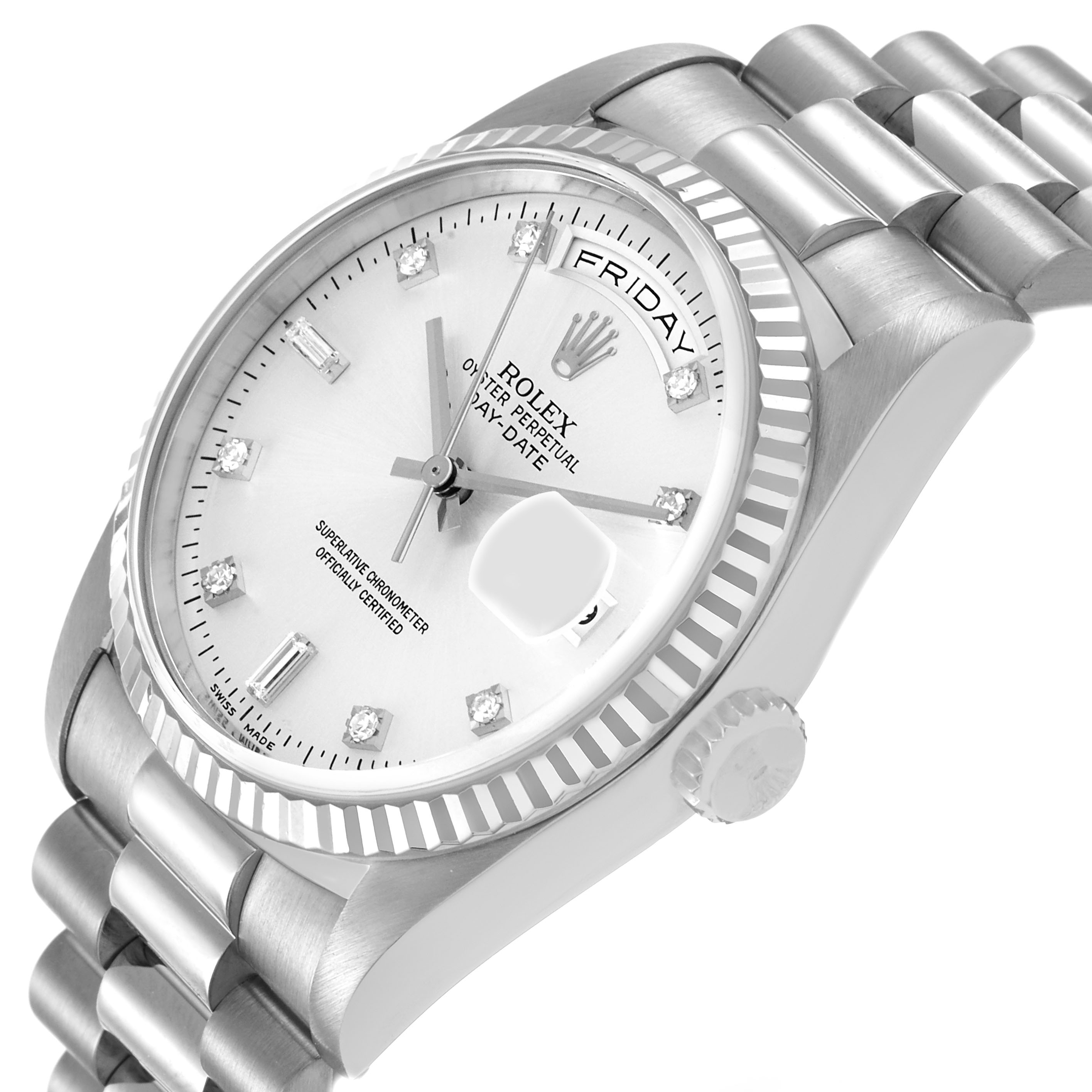 The Rolex President 18239 Men's White Gold Silver Dial model watch is shown from a slight side angle, featuring the dial, bezel, crown, and part of the bracelet.