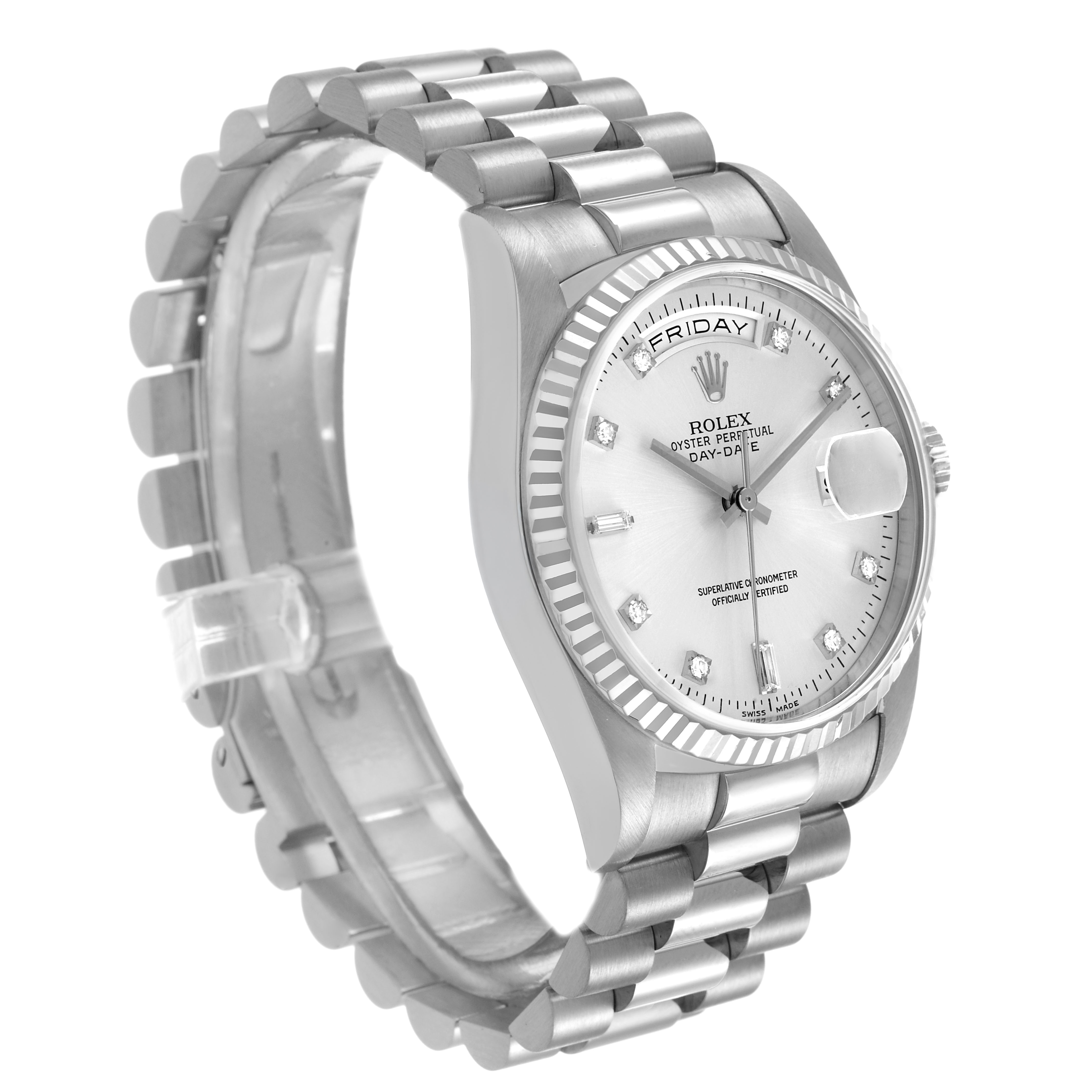 The Rolex President 18239 Men's White Gold Silver Dial model watch is shown at a three-quarter angle, displaying the bracelet, watch face, and bezel.