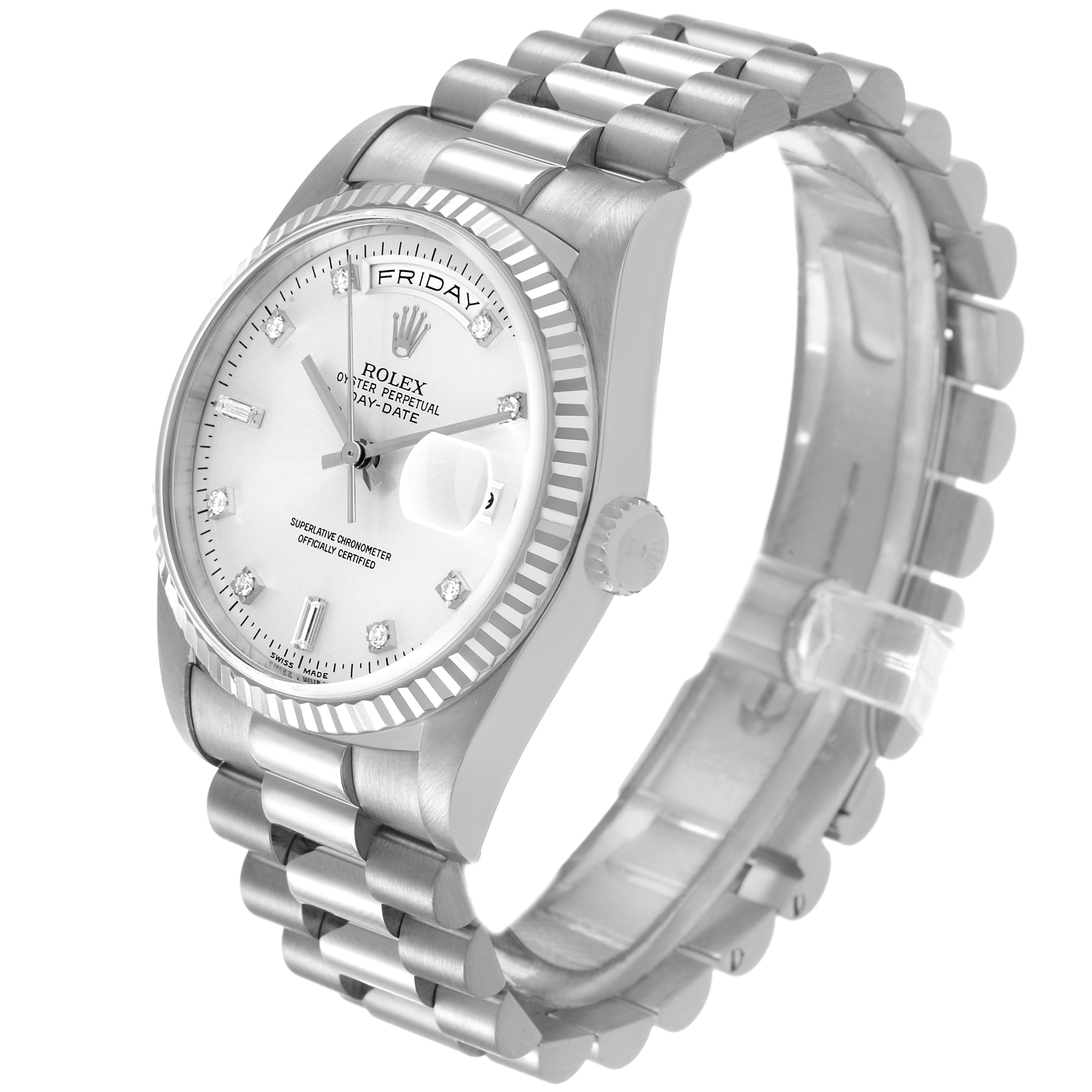 The Rolex President 18239 Men's White Gold Silver Dial model watch is shown at a three-quarter angle, displaying its face, bezel, crown, and bracelet.