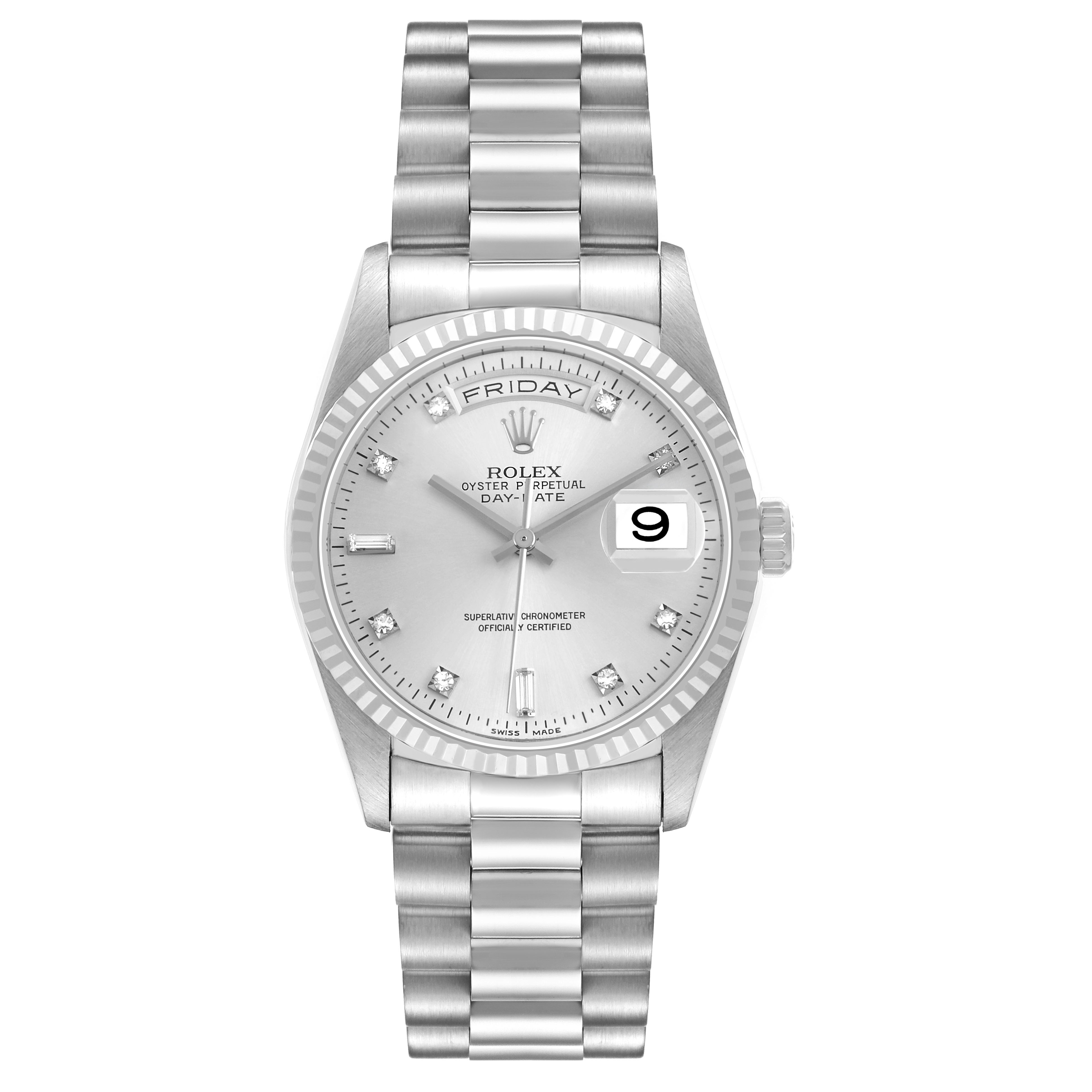 The Rolex President 18239 Men's White Gold Silver Dial model watch is shown from the front, displaying its face, bracelet, and day-date features.