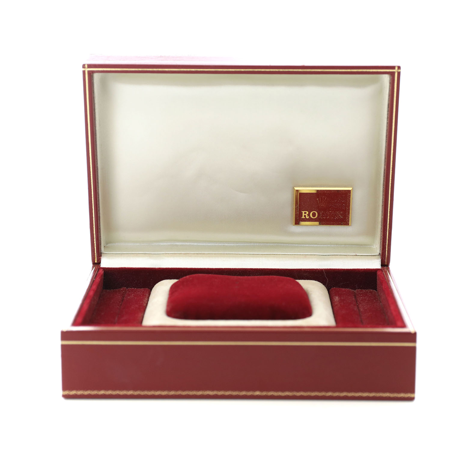 The image shows an open presentation box for a Rolex President 18239 Men's White Gold Silver Dial model, displaying the interior with a padded cushion.