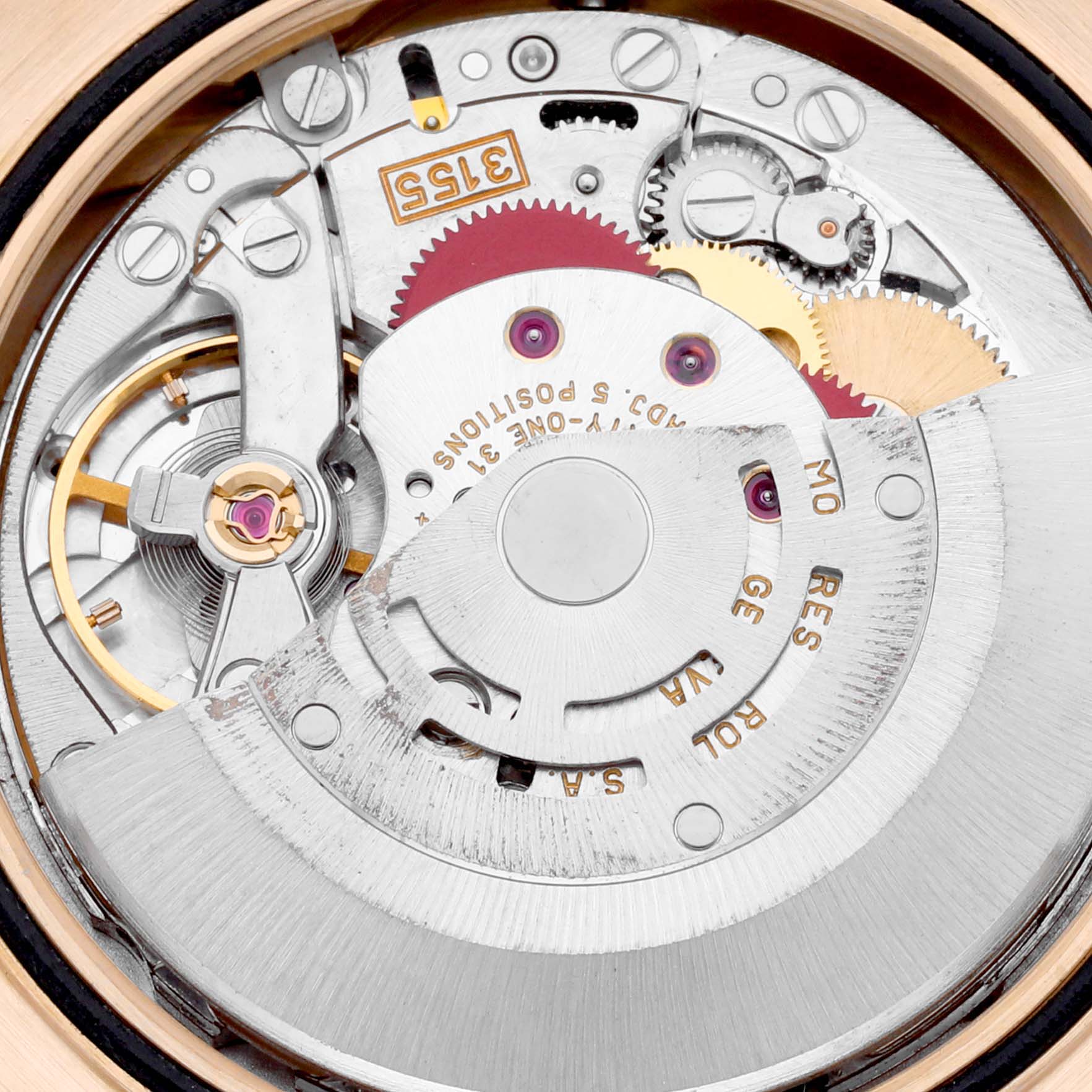 This image shows the detailed movement and mechanism of a Rolex President 18238 Men's Yellow Gold White Dial 18238 Men's Yellow Gold White Dial model watch from a top-down angle.