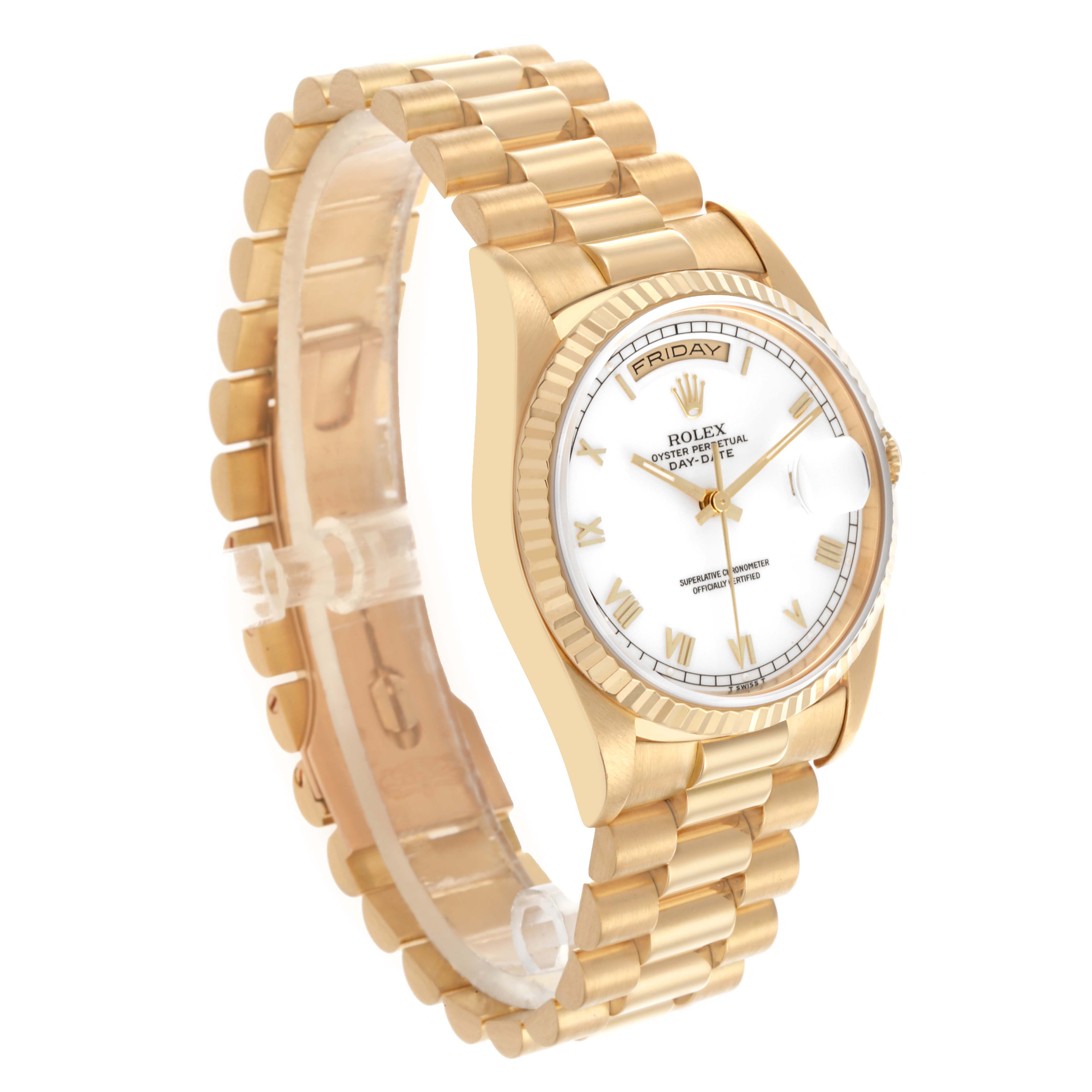 The Rolex President 18238 Men's Yellow Gold White Dial 18238 Men's Yellow Gold White Dial watch is shown at a three-quarter angle highlighting the gold case, bracelet, and white dial with Roman numerals.