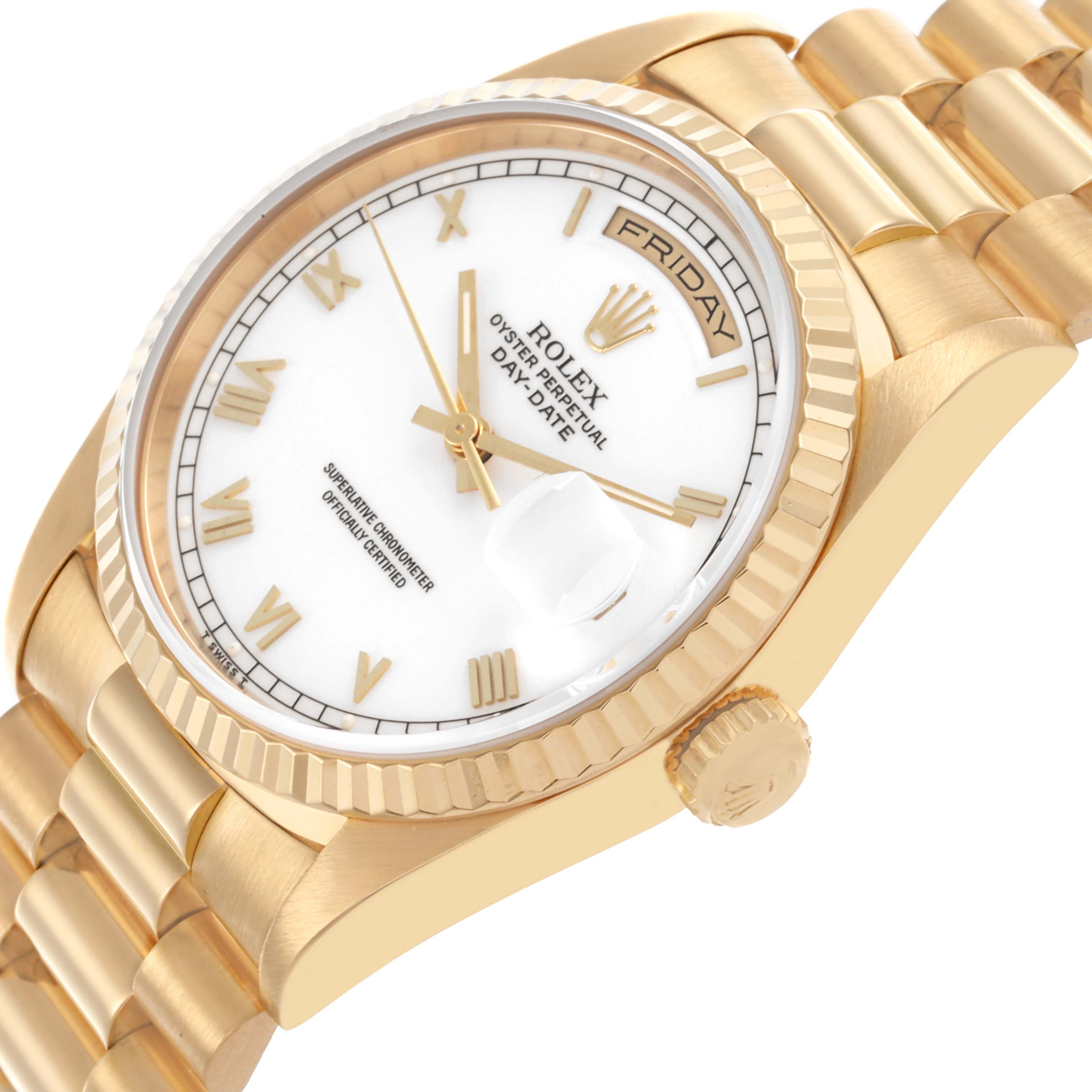 The Rolex President 18238 Men's Yellow Gold White Dial 18238 Men's Yellow Gold White Dial watch is shown at an oblique angle, highlighting the dial, bezel, and part of the bracelet.