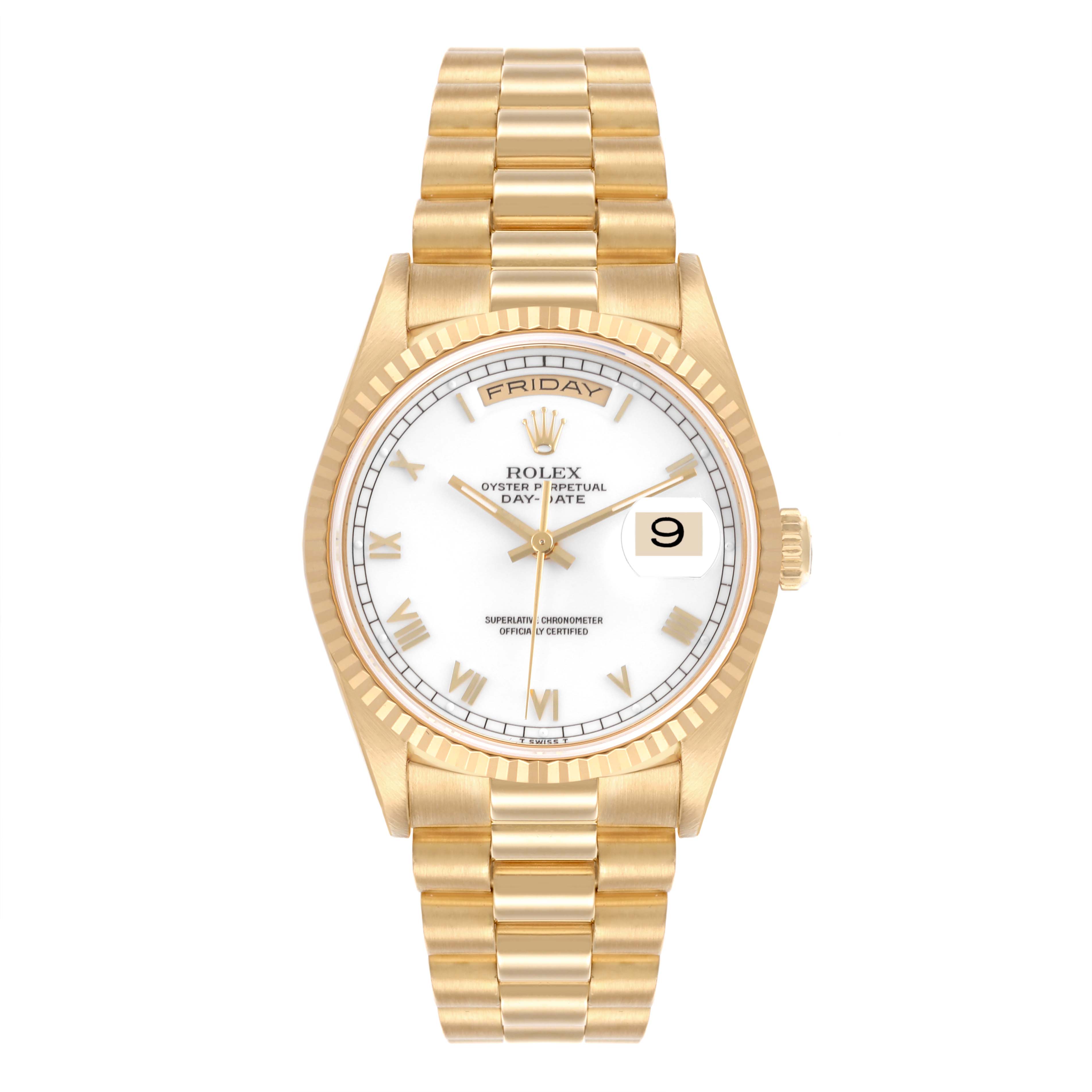 The Rolex President 18238 Men's Yellow Gold White Dial 18238 Men's Yellow Gold White Dial model watch is shown from a front angle, displaying the dial, bezel, and bracelet.