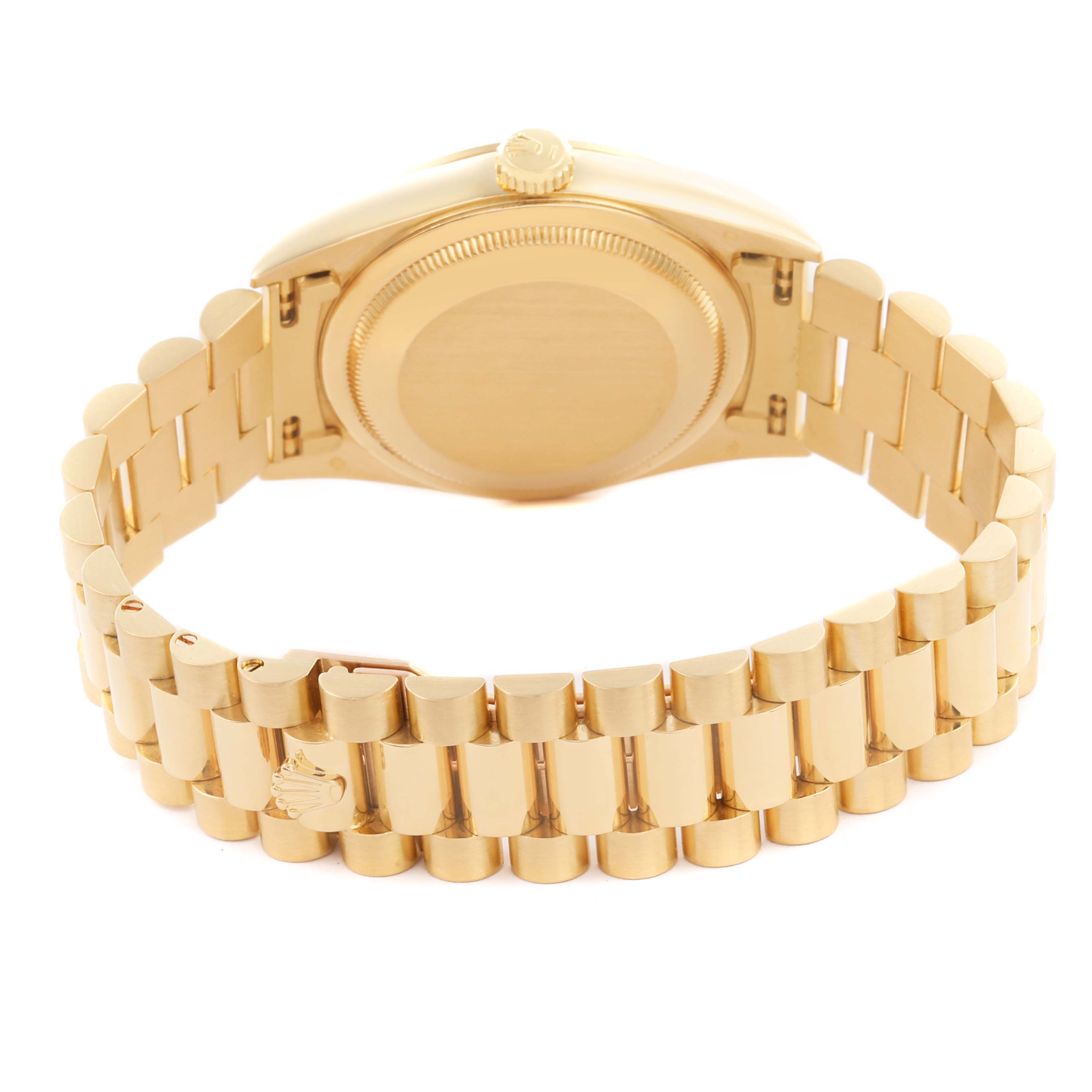 The image shows a rear view of the Rolex President 18238 Men's Yellow Gold White Dial 18238 Men's Yellow Gold White Dial watch, highlighting its case back and gold bracelet.