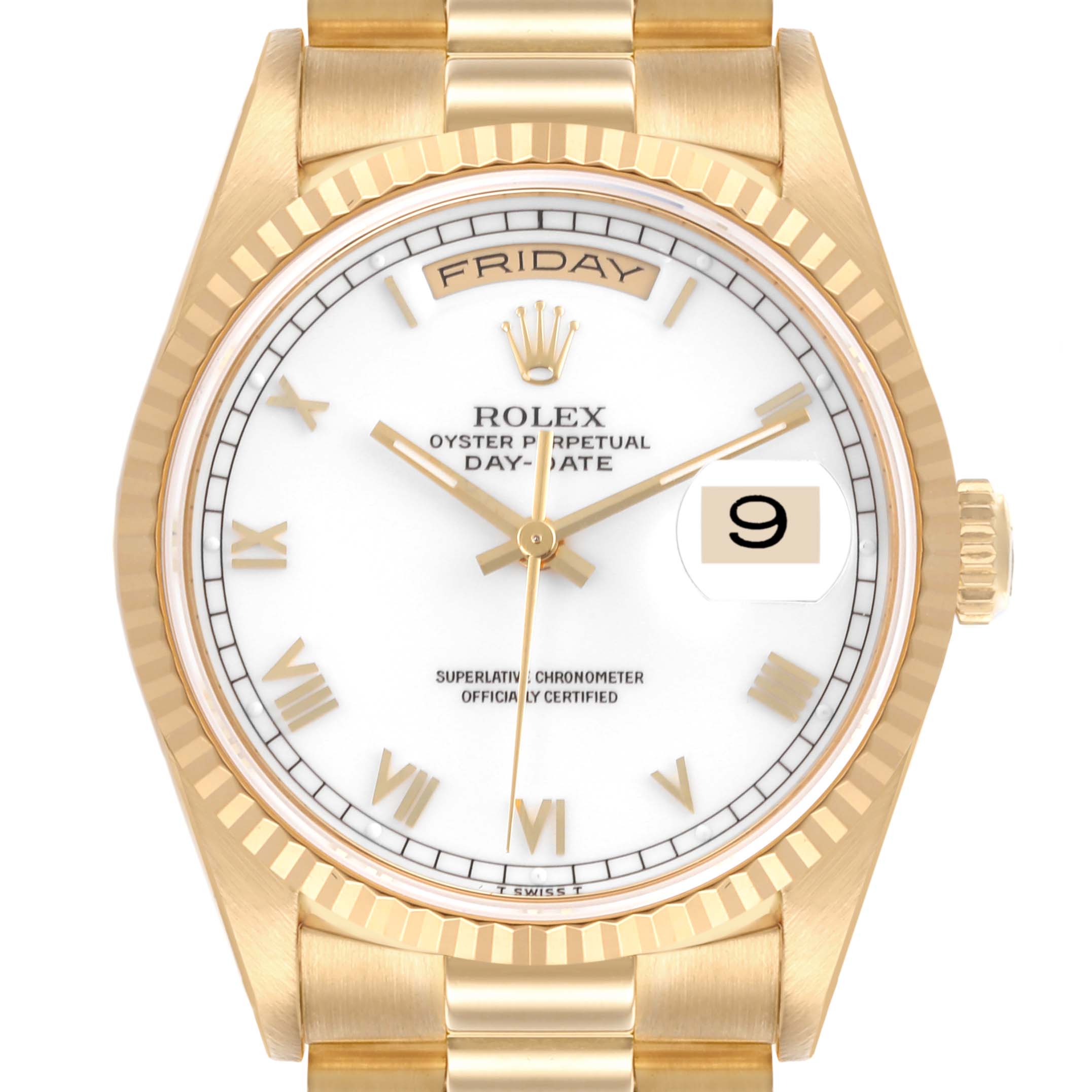 The Rolex President 18238 Men's Yellow Gold White Dial 18238 Men's Yellow Gold White Dial model watch is shown from the front, highlighting its dial, hands, date, and fluted bezel.