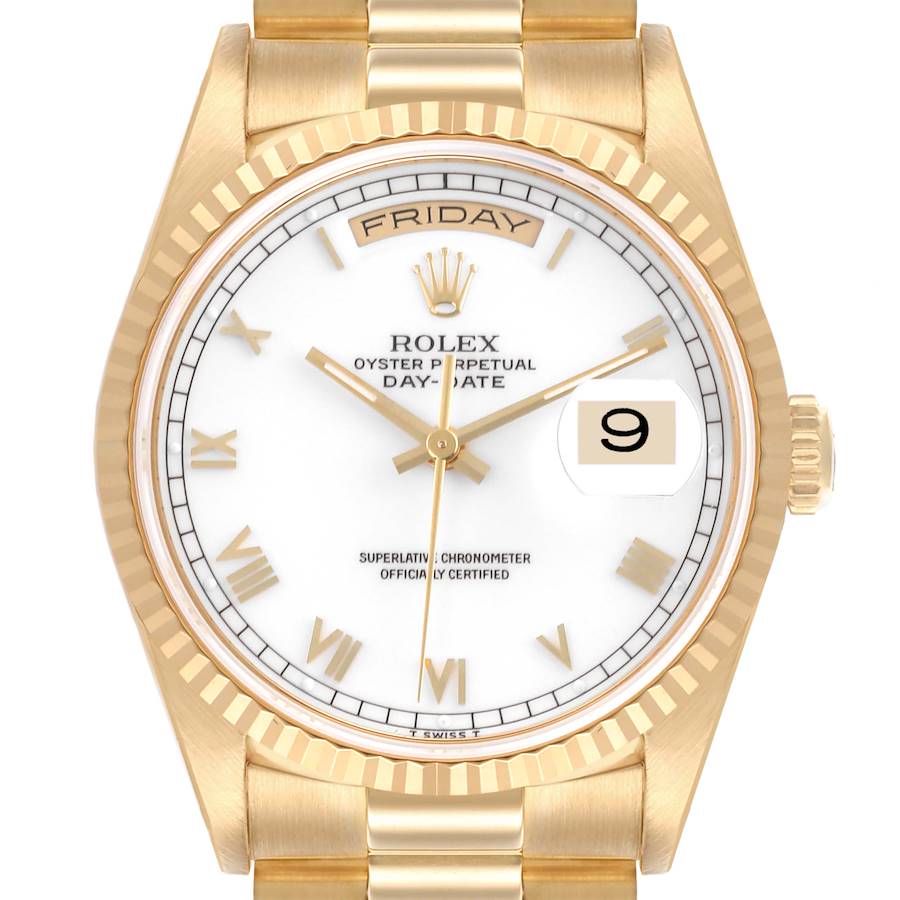 The Rolex President model watch is shown from the front, highlighting its dial, hands, date, and fluted bezel.