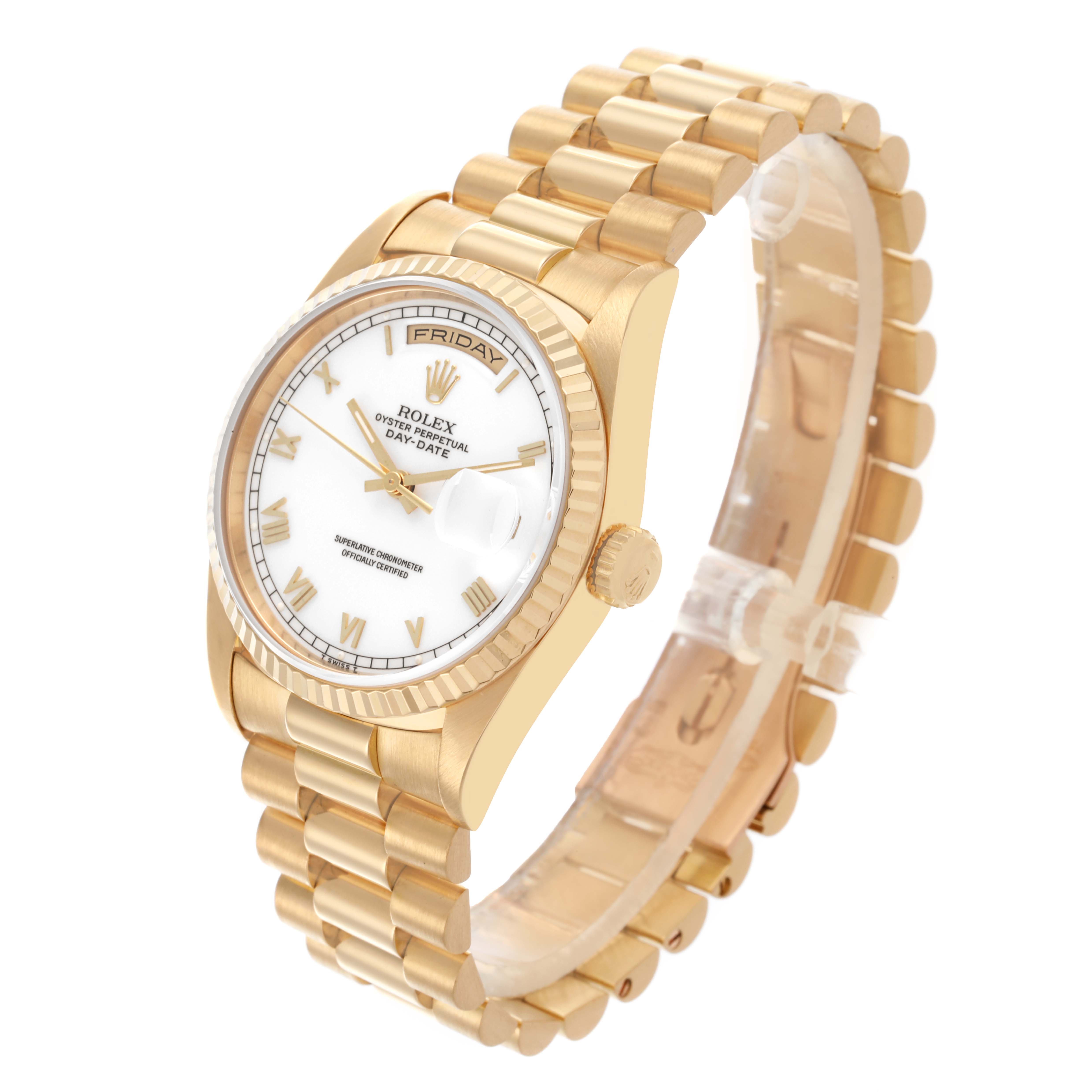 The Rolex President 18238 Men's Yellow Gold White Dial 18238 Men's Yellow Gold White Dial model is angled to show the face, bezel, and part of the bracelet.