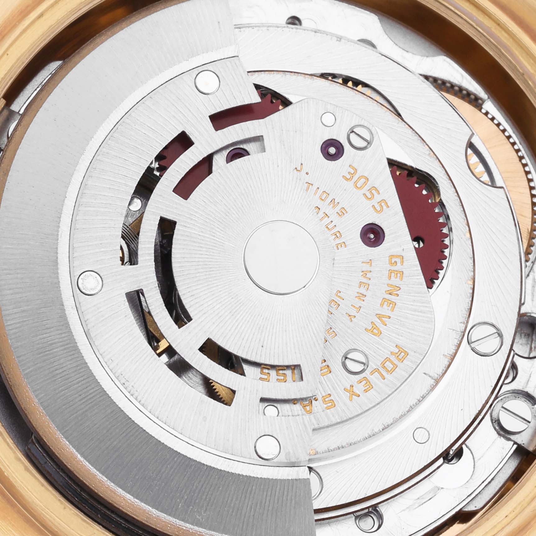 The image shows the movement of a Rolex President 18038 Men
s Yellow Gold Champagne Dial 18038 Men
s Yellow Gold Champagne Dial model, highlighting its internal mechanics from a top angle.