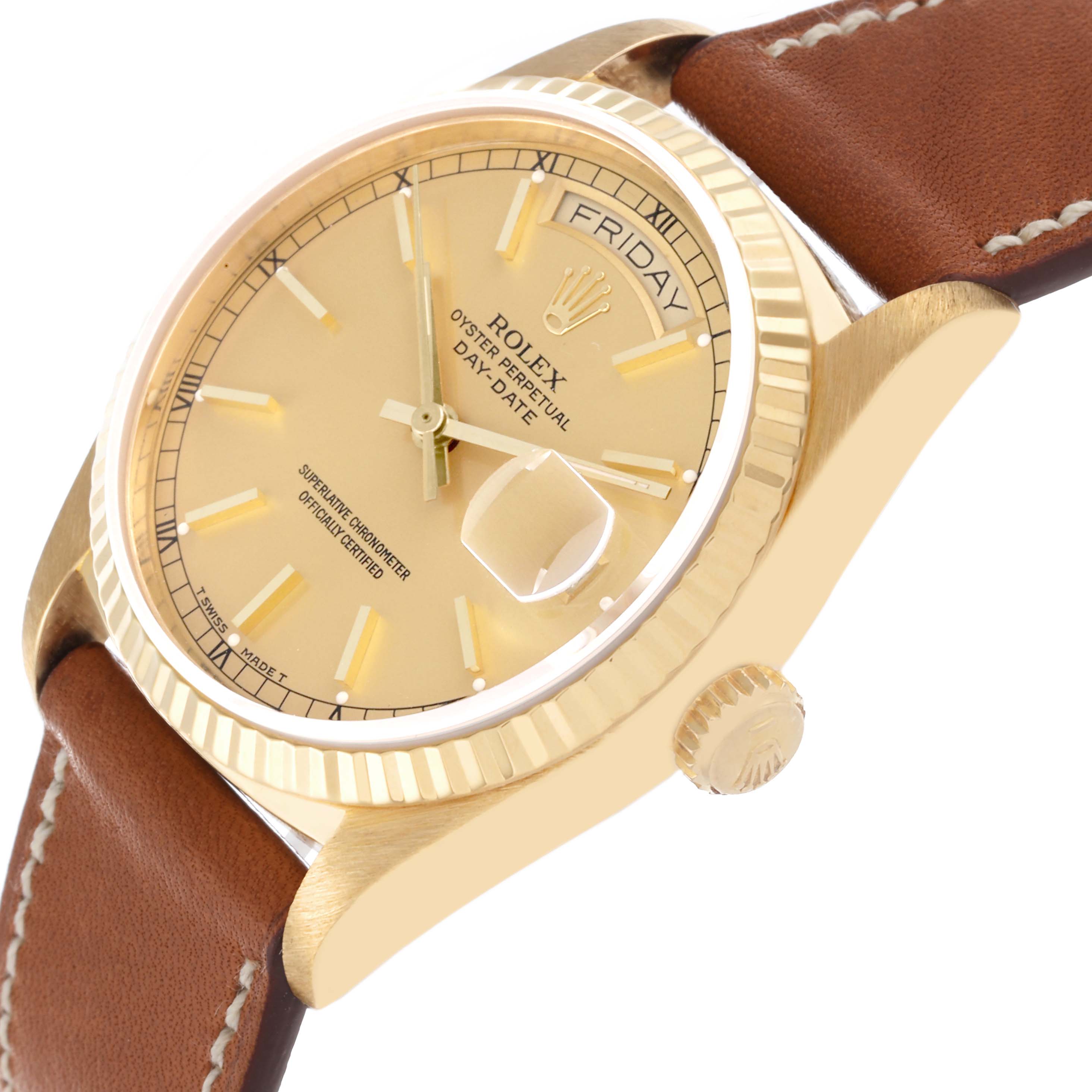 The Rolex President 18038 Men
s Yellow Gold Champagne Dial 18038 Men
s Yellow Gold Champagne Dial model watch is shown at an angled view, highlighting the dial, crown, and leather strap.