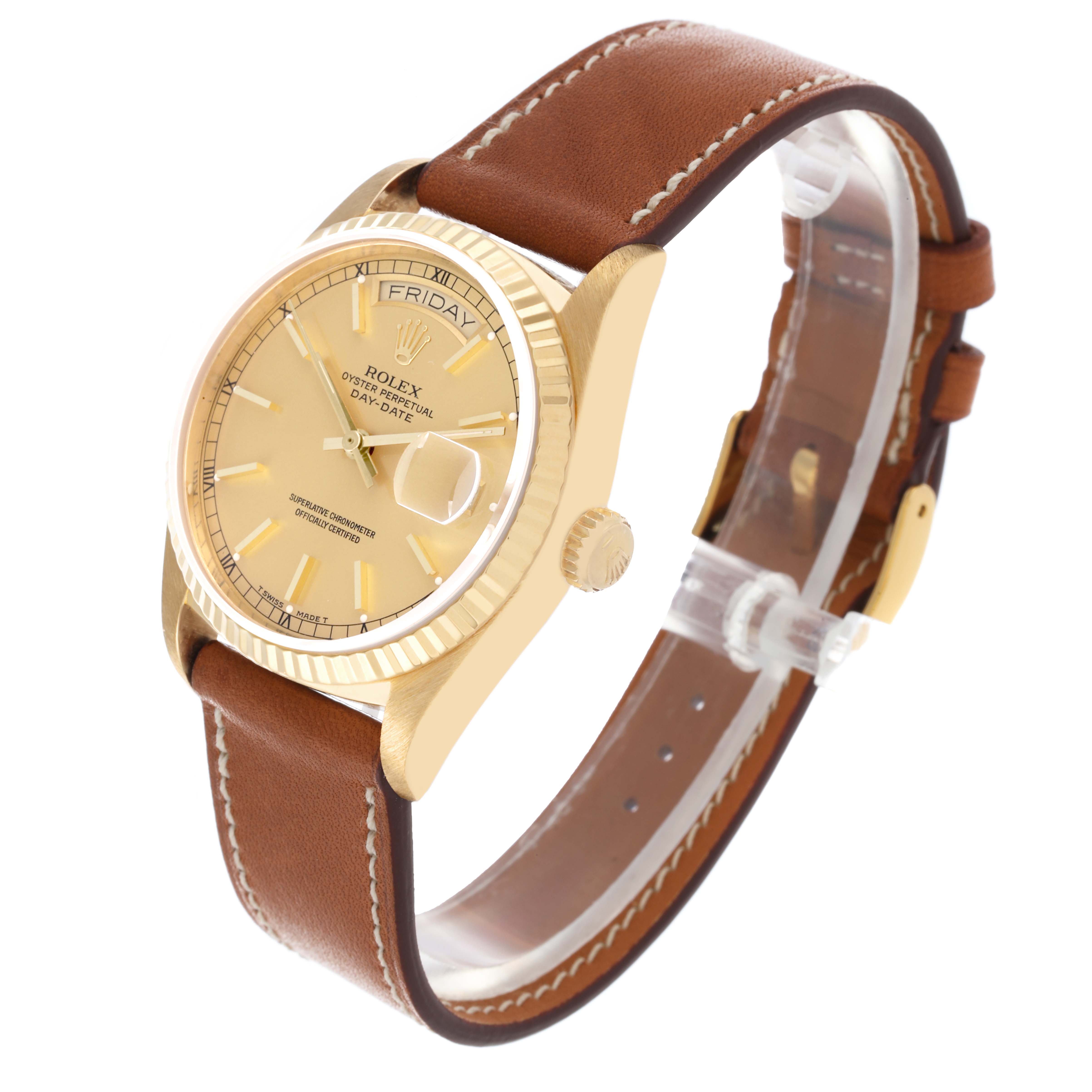 The Rolex President 18038 Men
s Yellow Gold Champagne Dial 18038 Men
s Yellow Gold Champagne Dial model is shown from a three-quarter angle, displaying the dial, crown, and leather strap.