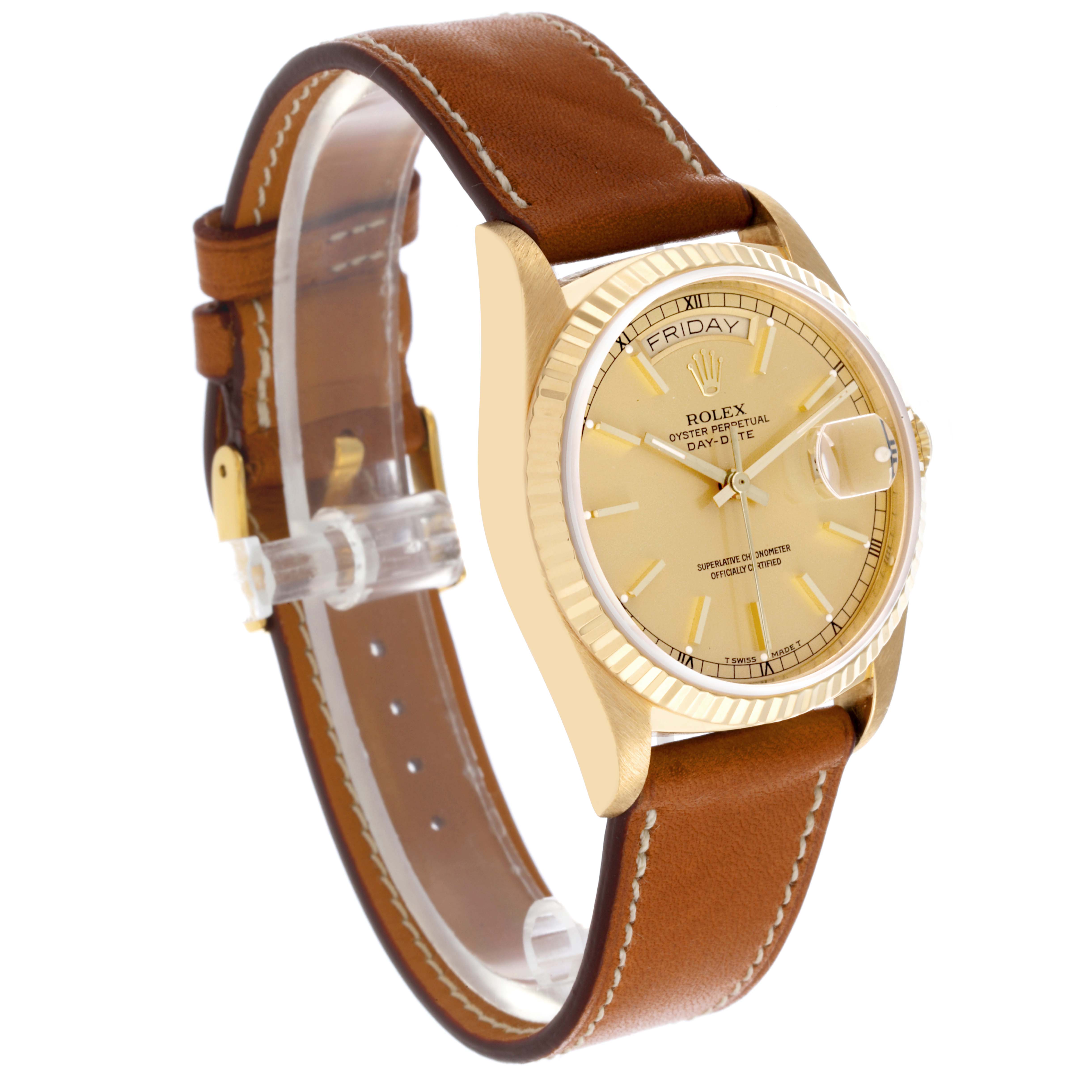 The Rolex President 18038 Men
s Yellow Gold Champagne Dial 18038 Men
s Yellow Gold Champagne Dial watch is shown from an angled side view, highlighting its dial, bezel, and brown leather strap.