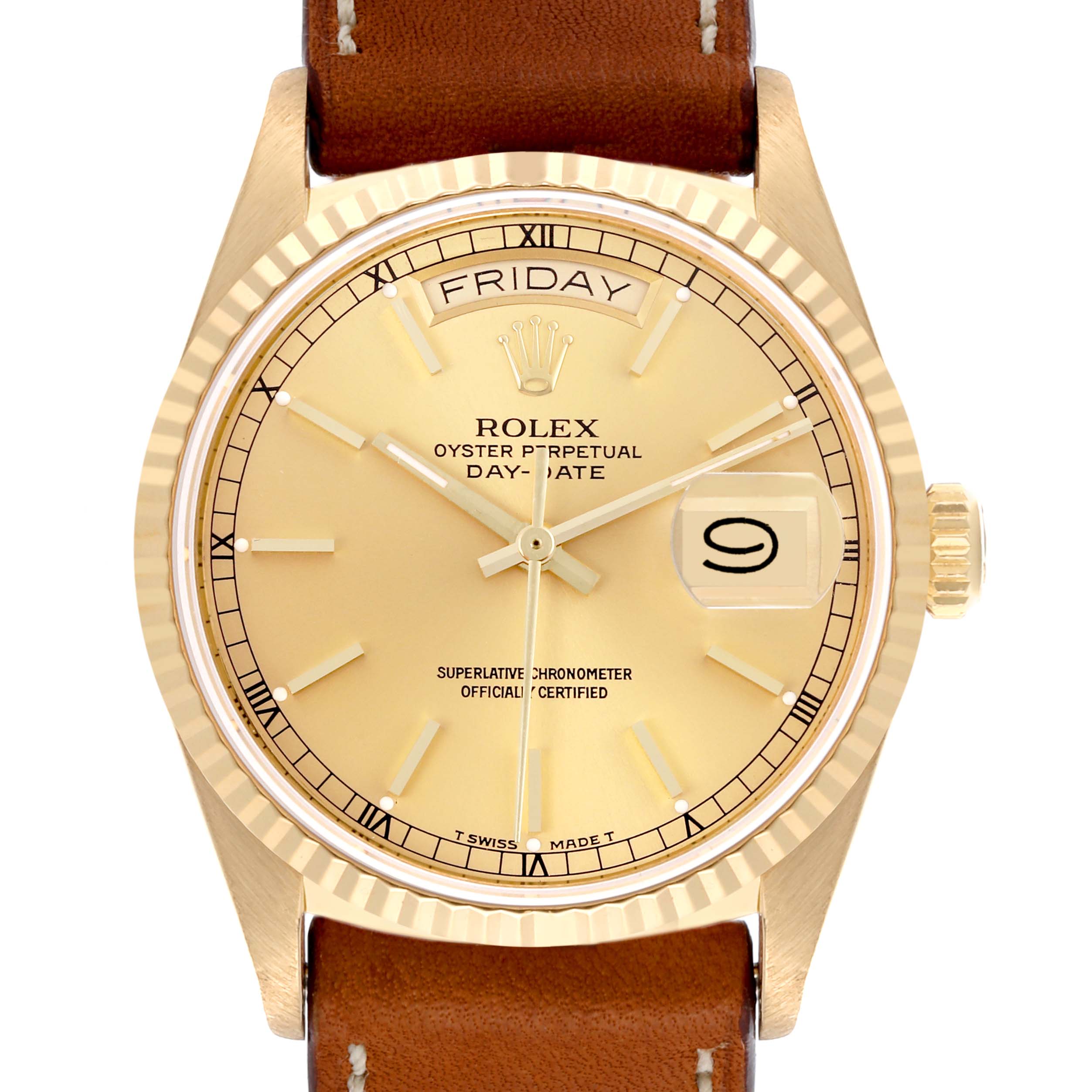 The Rolex President 18038 Men
s Yellow Gold Champagne Dial 18038 Men
s Yellow Gold Champagne Dial model is shown from the front, featuring its face, hands, bezel, crown, and part of the leather strap.
