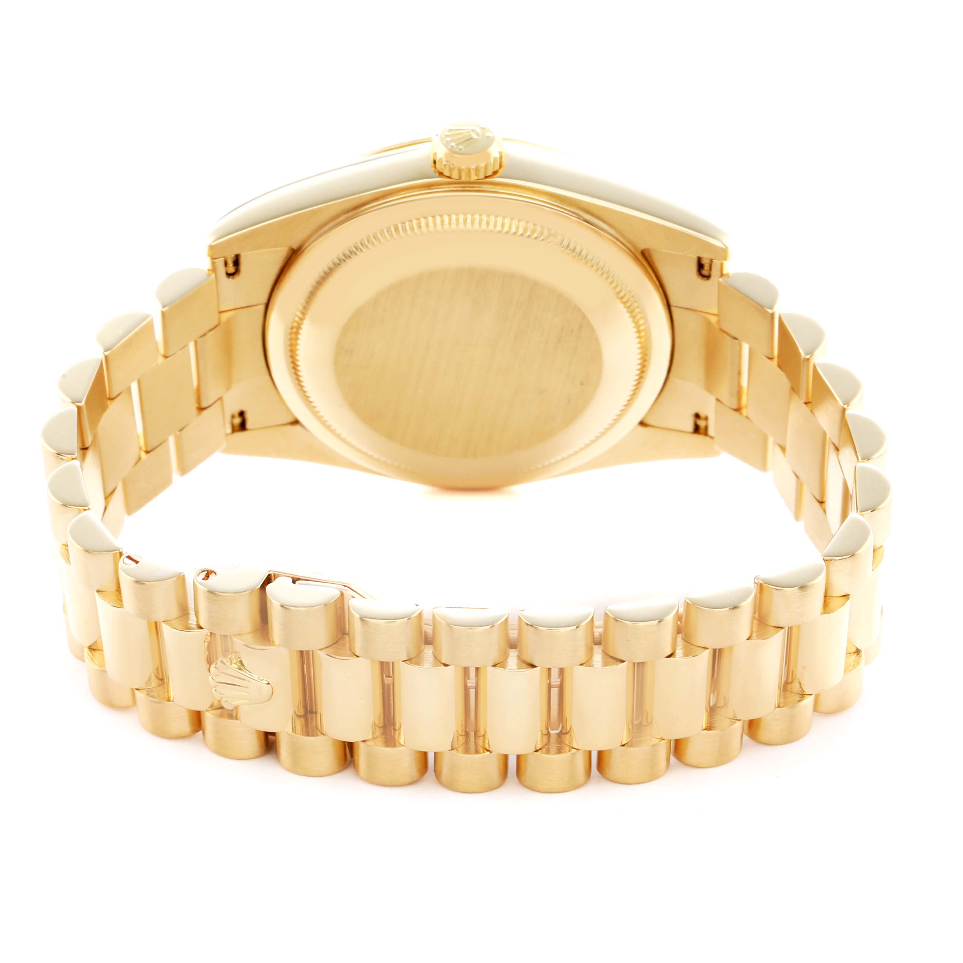 The image shows the back and bracelet of a Rolex President 118238 Men
s Yellow Gold Champagne Dial model watch from a rear angle.