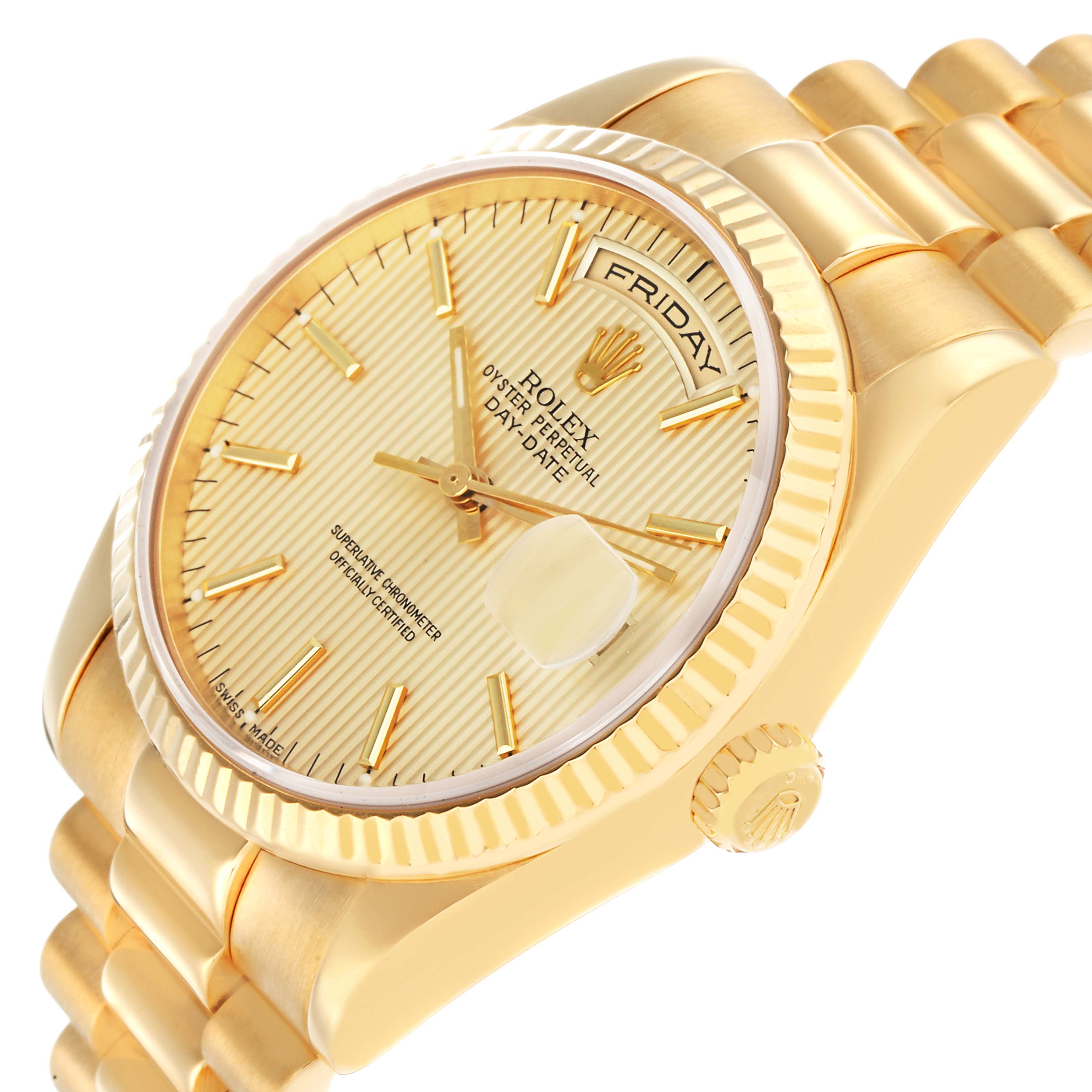 The Rolex President 118238 Men
s Yellow Gold Champagne Dial model is shown at an angled side view, displaying the dial, bezel, crown, and part of the bracelet.