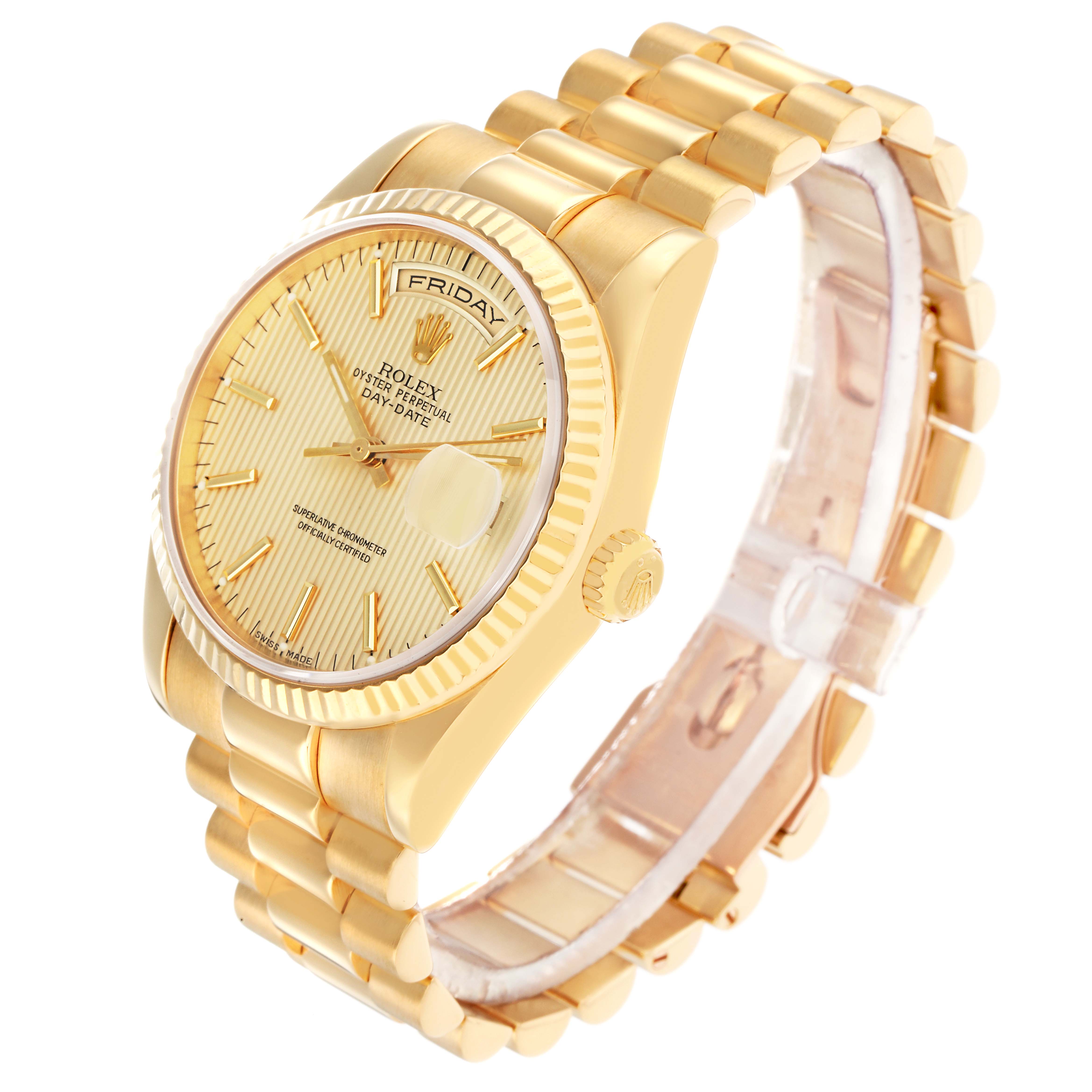 The Rolex President 118238 Men
s Yellow Gold Champagne Dial model is shown at an angled view, highlighting its gold dial, bezel, bracelet, and day-date display.