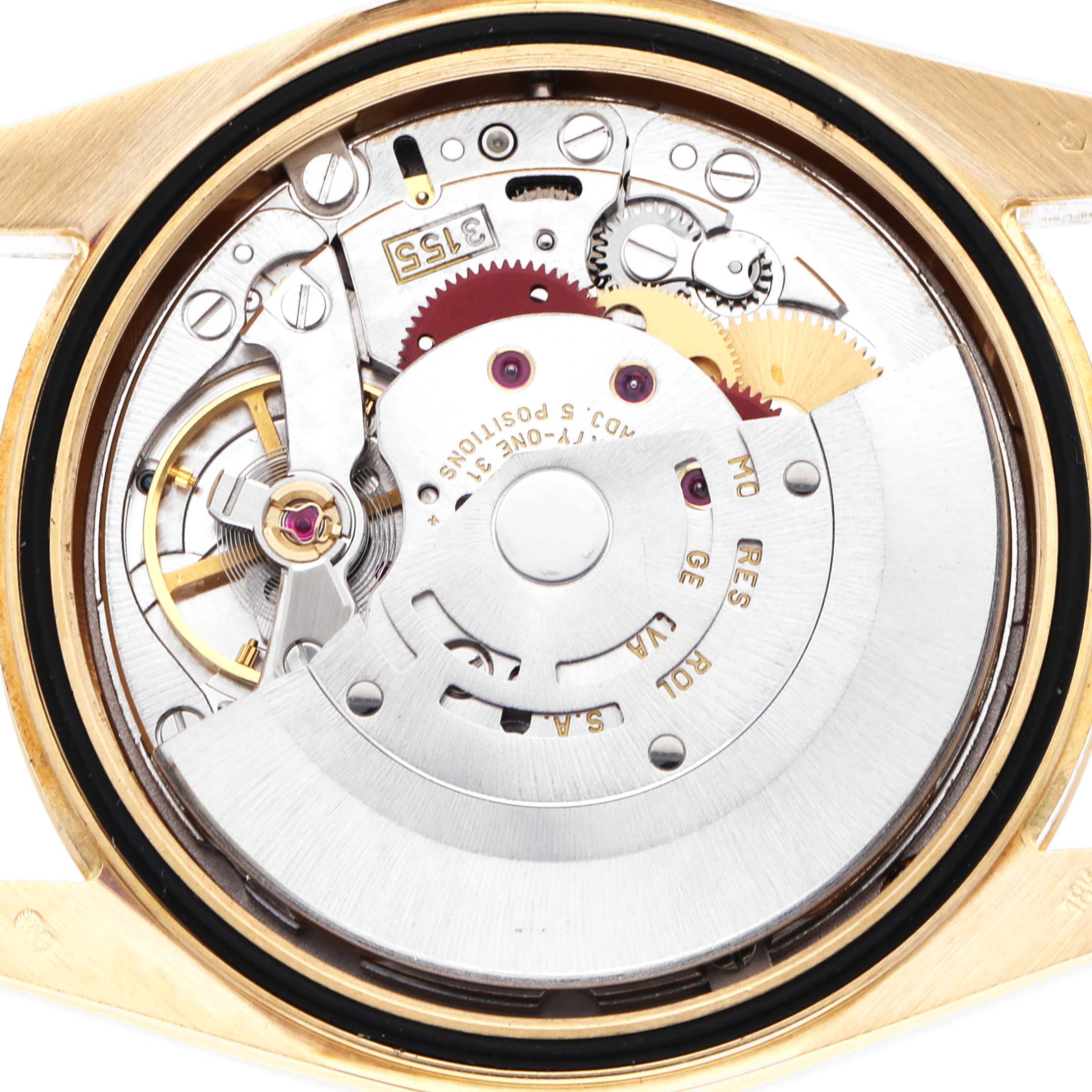 The image shows the movement and internal components of a Rolex President 118238 Men
s Yellow Gold Champagne Dial model watch from a back angle.