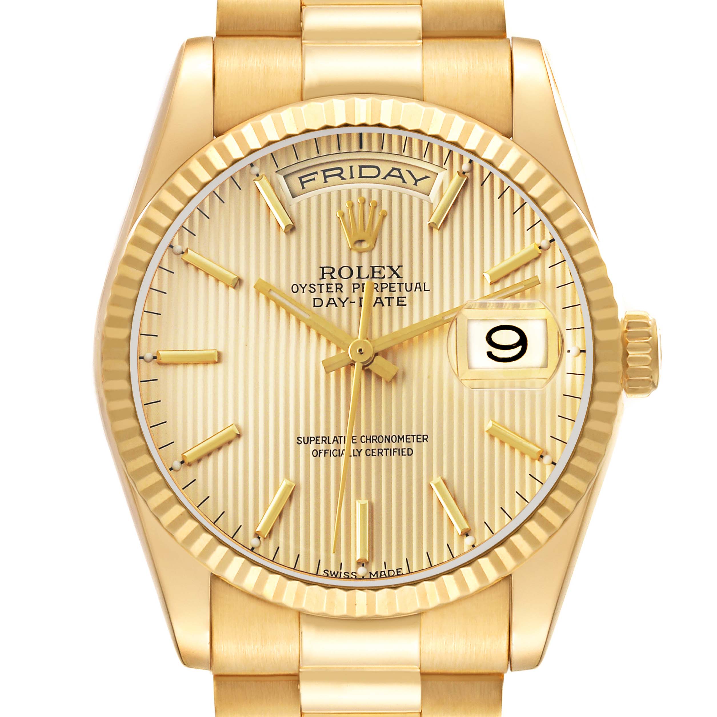 The Rolex President 118238 Men
s Yellow Gold Champagne Dial model is shown from the front, highlighting the dial, hands, date, day, crown, and part of the bracelet.