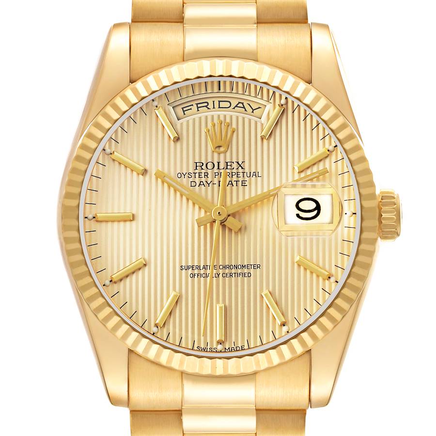 The Rolex President 118238 Men's Yellow Gold Champagne Dial model is shown from the front, highlighting the dial, hands, date, day, crown, and part of the bracelet.