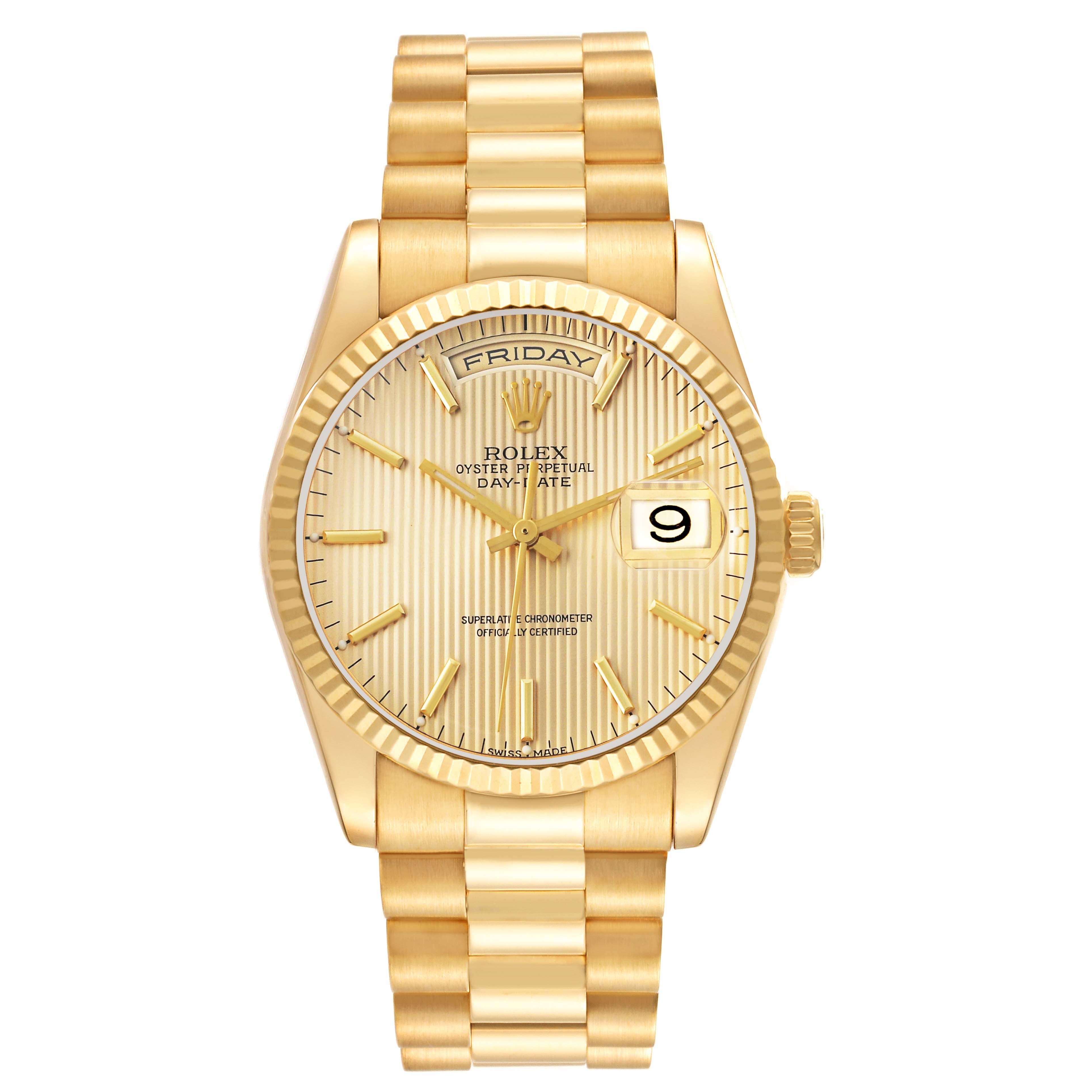The Rolex President 118238 Men
s Yellow Gold Champagne Dial model is shown from the front, displaying its gold case, fluted bezel, day-date feature, and bracelet.
