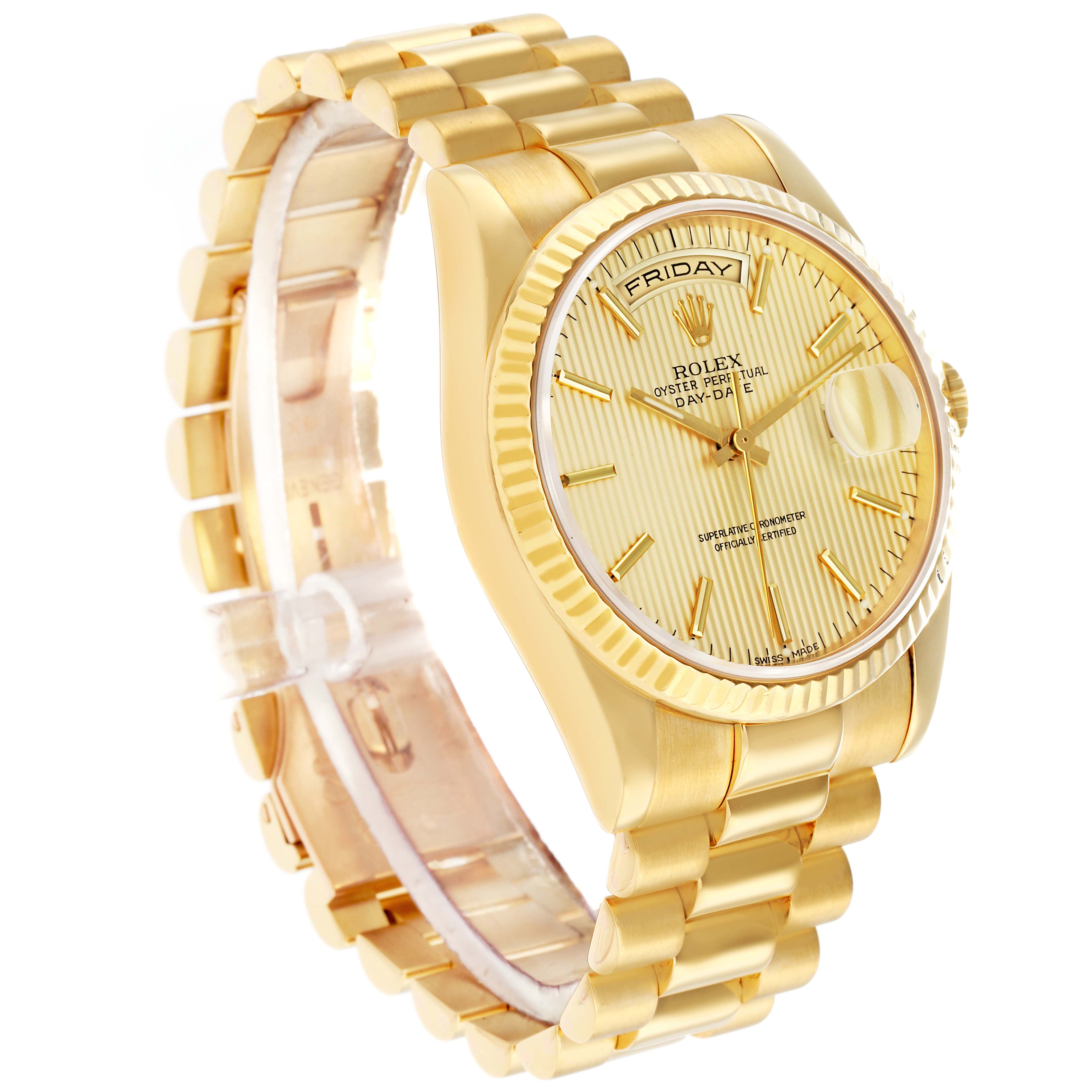 The Rolex President 118238 Men
s Yellow Gold Champagne Dial model is shown at a three-quarter angle, highlighting the dial, fluted bezel, and bracelet.
