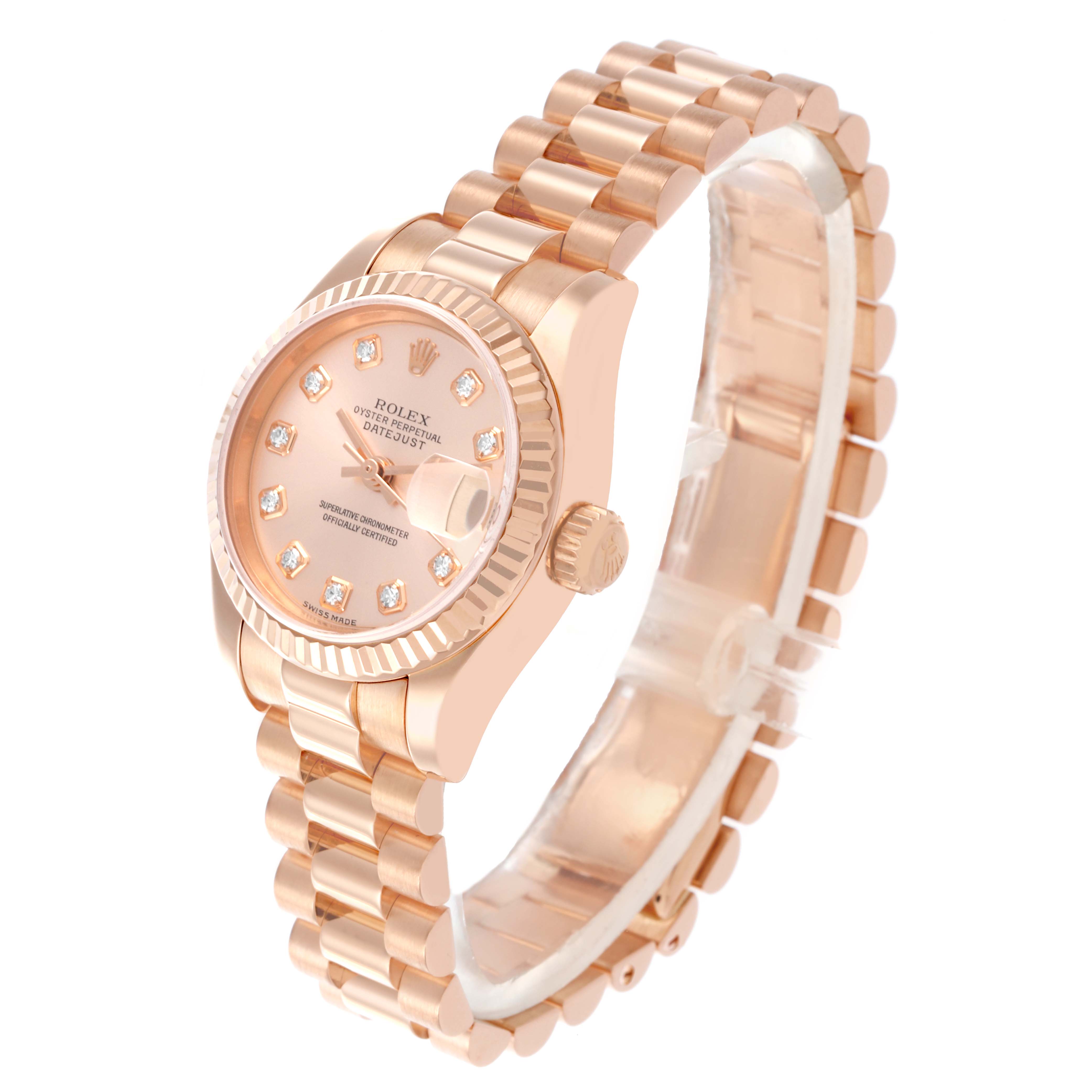 The Rolex Datejust watch is shown at a three-quarter angle, displaying the dial, case, bezel, crown, and part of the bracelet.