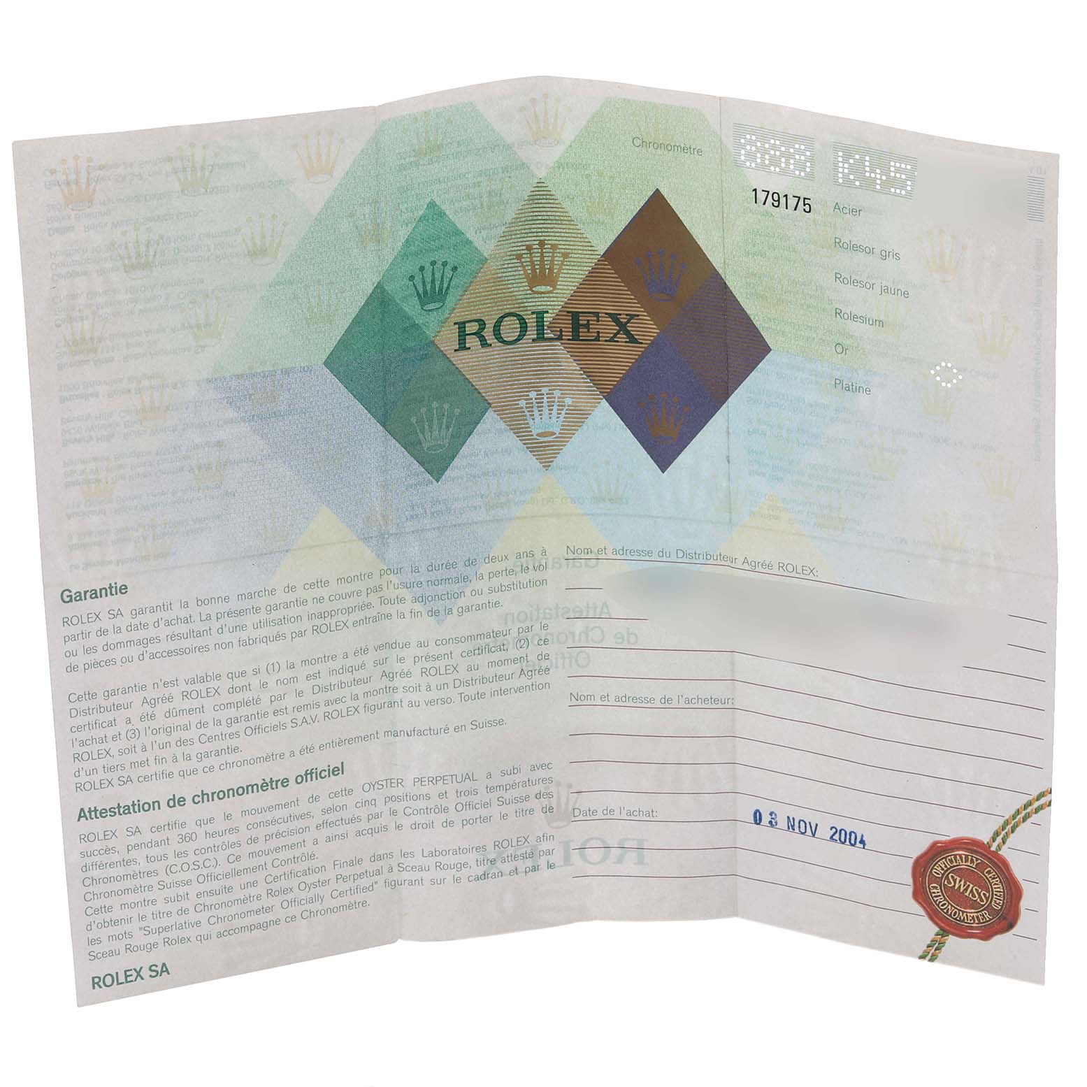 The image shows a Rolex Datejust warranty certificate with text and an embossed seal.