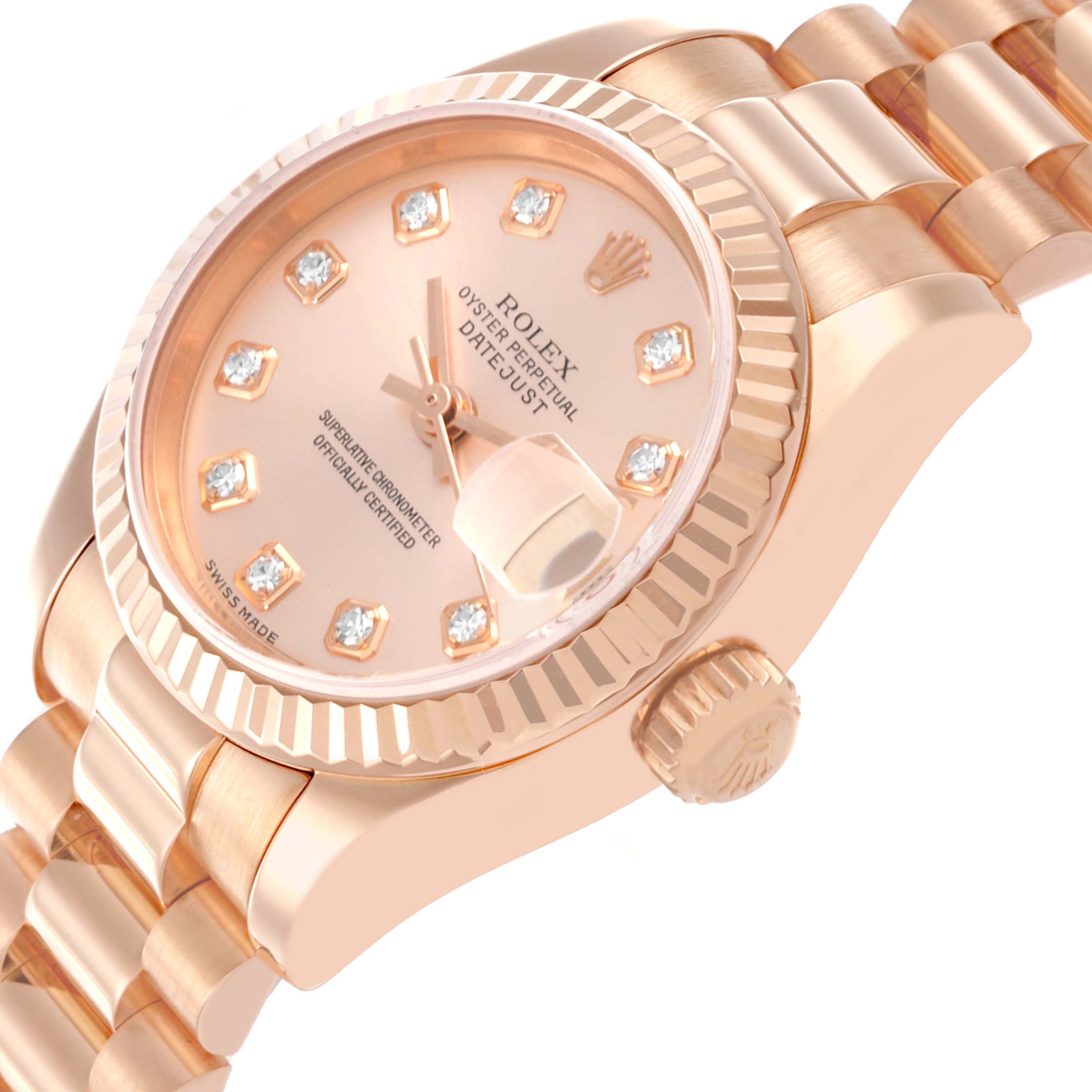 The Rolex Datejust watch is shown at a slight angle, highlighting the face, bezel, crown, and bracelet.