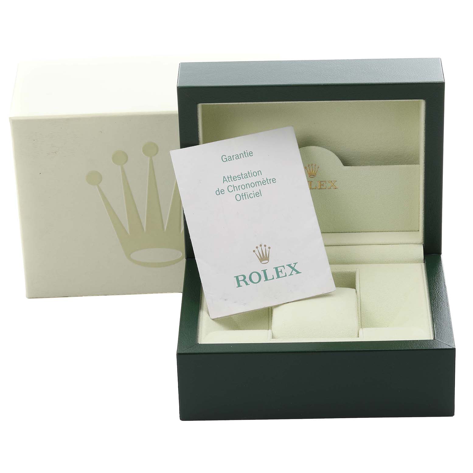 The image shows a Rolex Datejust watch box and warranty card at an angled view with the lid open.