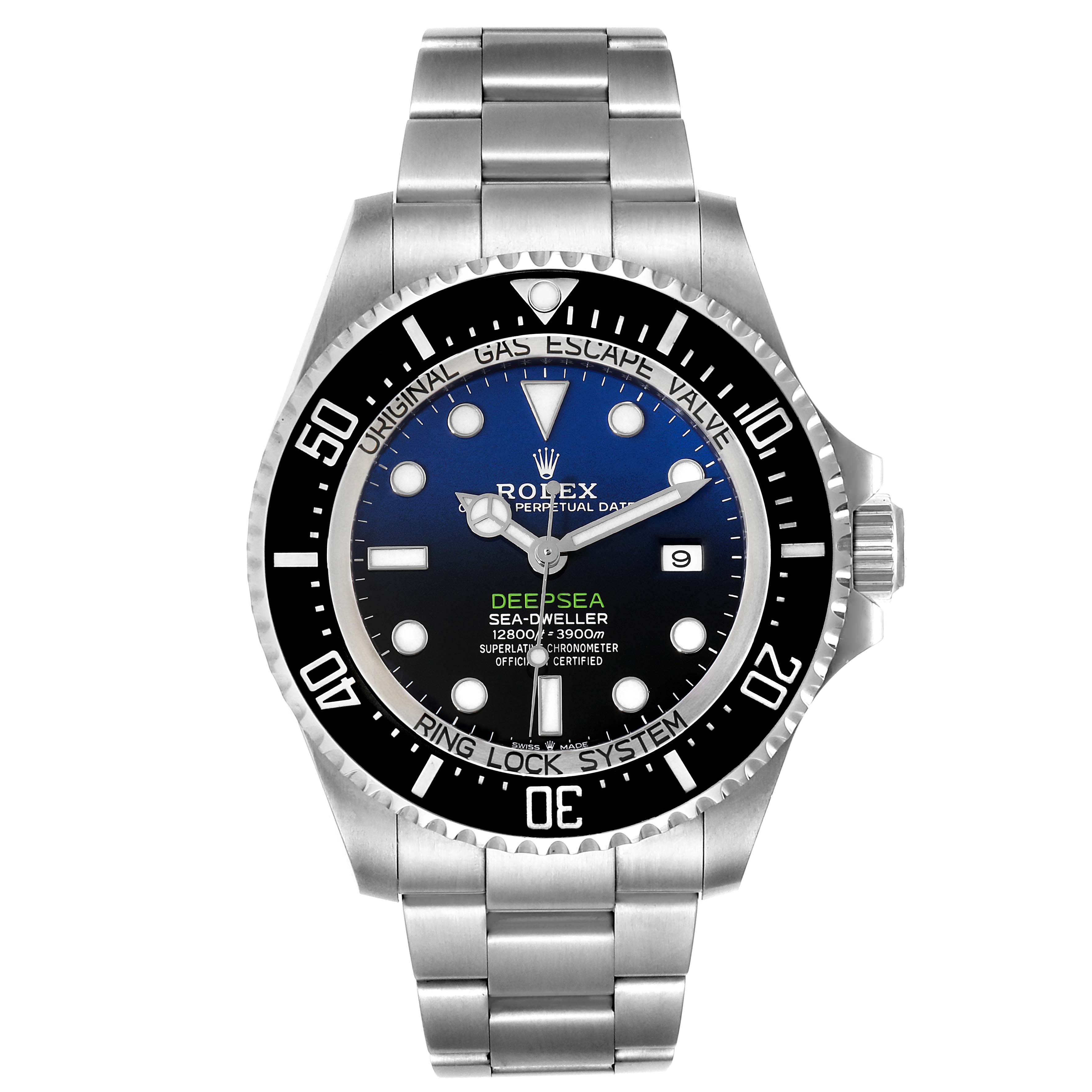 The image shows the front view of a Rolex Sea-Dweller 126660 Men
s Stainless Steel Blue Dial 126660 Men
s Stainless Steel Blue Dial watch, highlighting its bezel, dial, and bracelet.