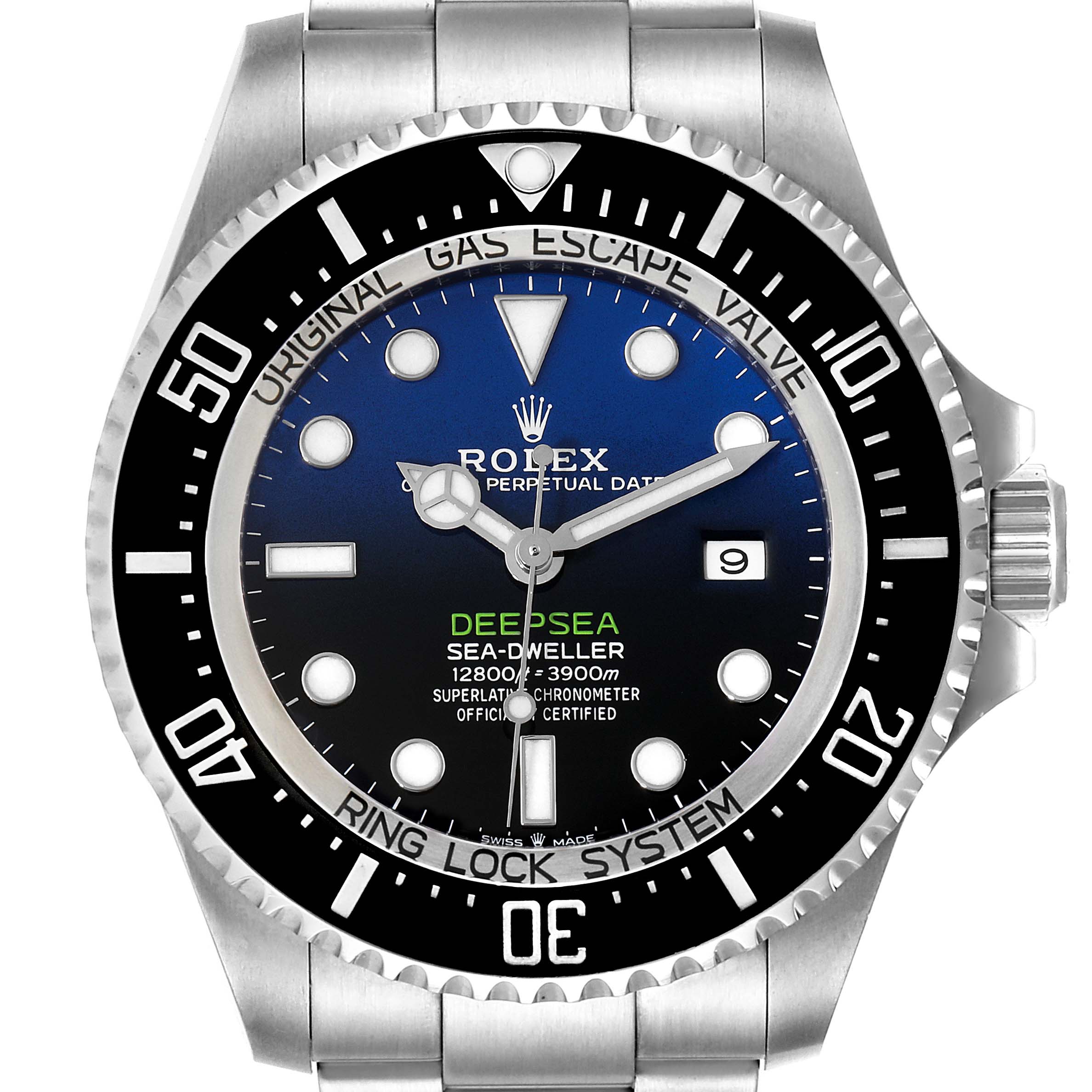 The image shows a front view of the Rolex Sea-Dweller 126660 Men
s Stainless Steel Blue Dial 126660 Men
s Stainless Steel Blue Dial Deepsea watch, highlighting the dial, bezel, and crown.