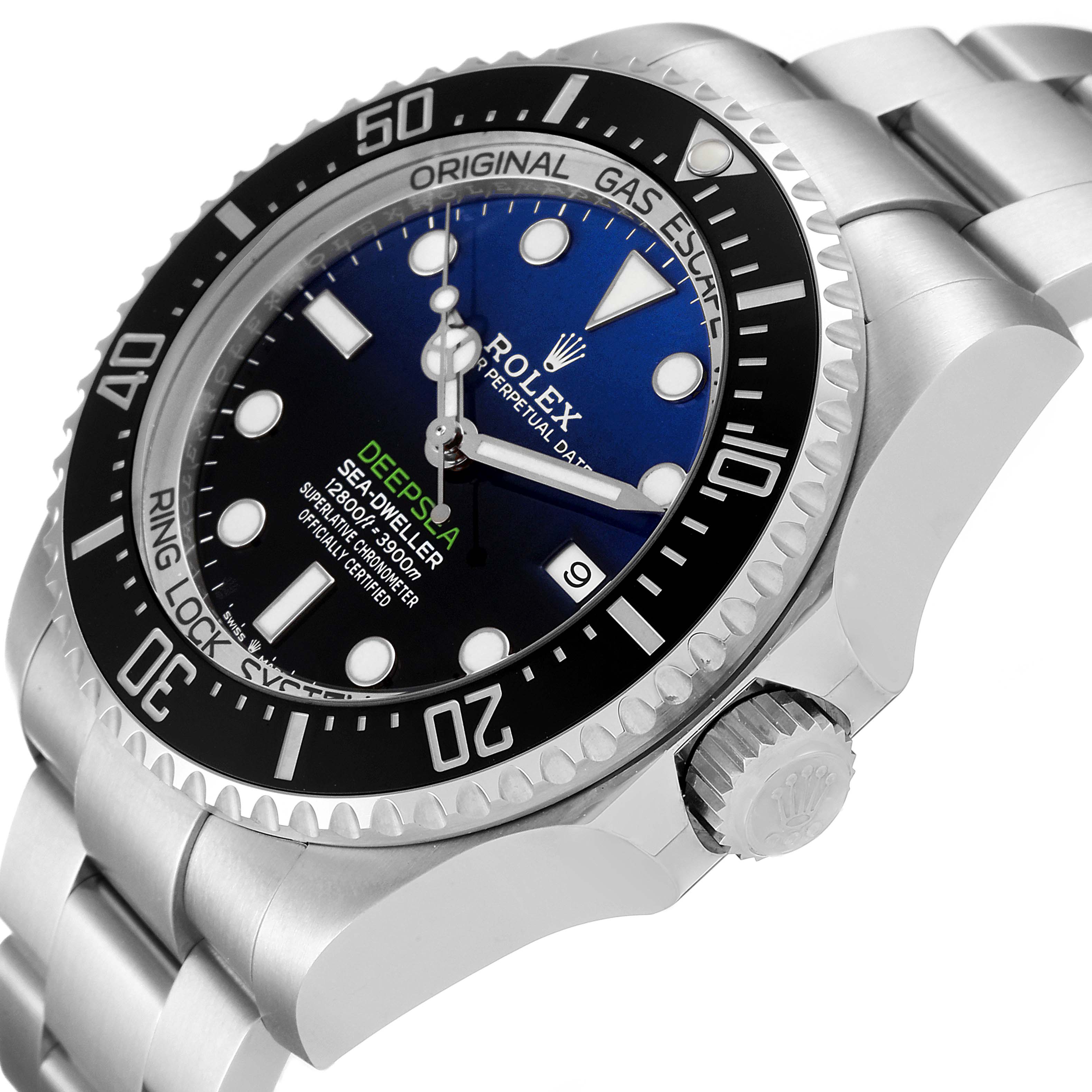 The image shows a close-up of the Rolex Sea-Dweller 126660 Men
s Stainless Steel Blue Dial 126660 Men
s Stainless Steel Blue Dial watch with a focus on the bezel, dial, crown, and part of the bracelet.