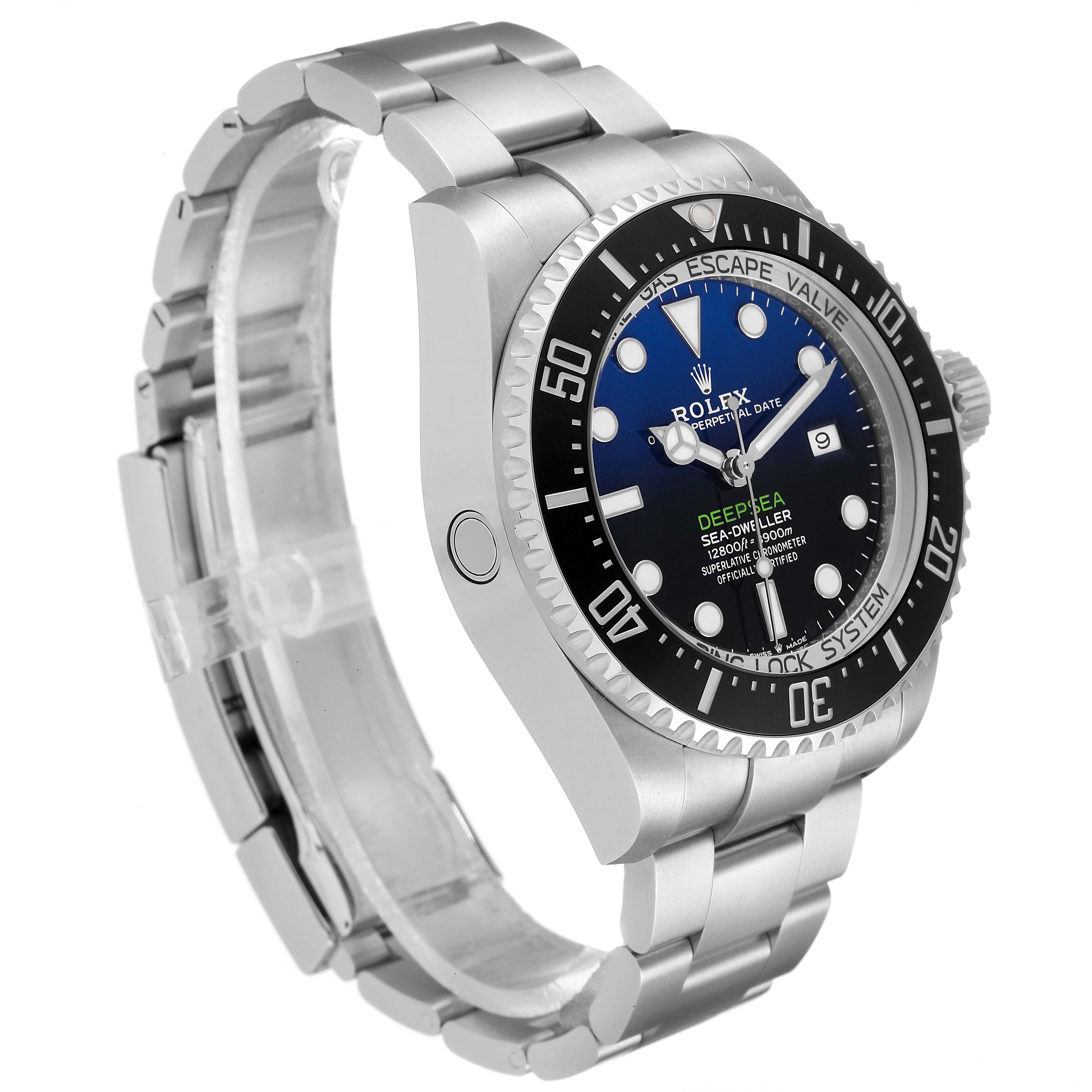 This image shows a side angle of the Rolex Sea-Dweller 126660 Men
s Stainless Steel Blue Dial 126660 Men
s Stainless Steel Blue Dial, highlighting the watch
s face, bezel, and bracelet.