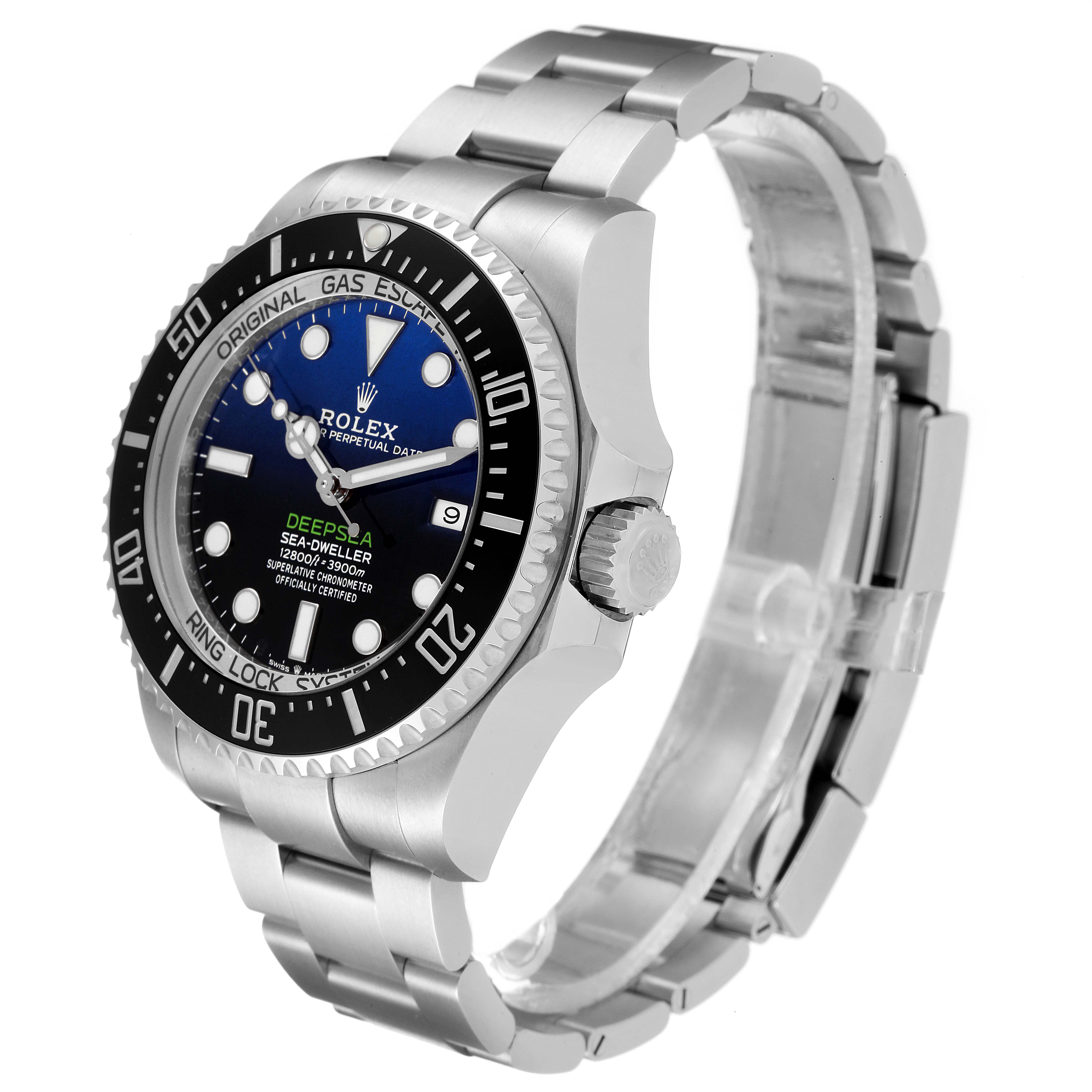 The Rolex Sea-Dweller 126660 Men
s Stainless Steel Blue Dial 126660 Men
s Stainless Steel Blue Dial watch is shown at an angled side view, highlighting its bezel, dial, crown, and stainless steel bracelet.