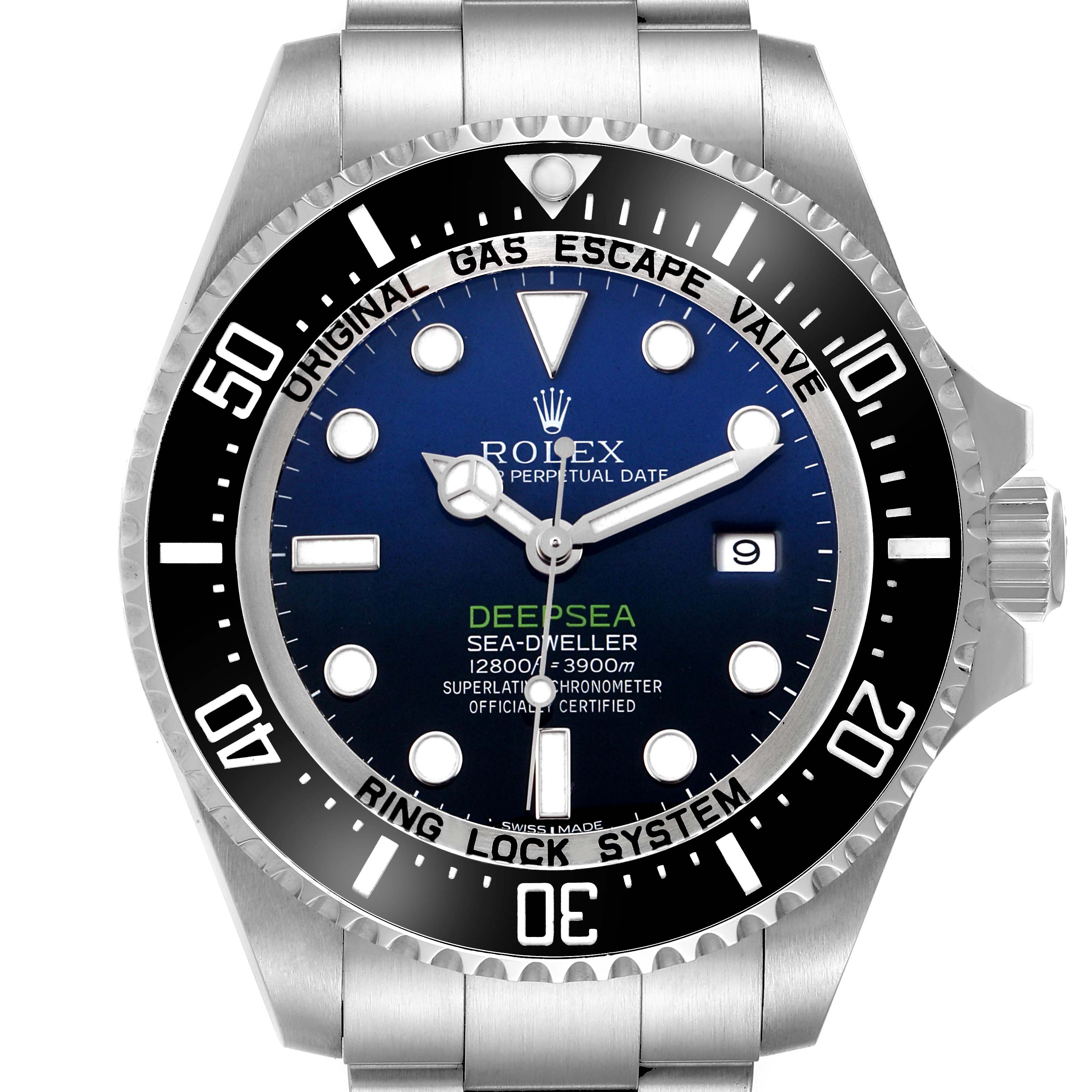 The Rolex Sea-Dweller 116660 Men's Stainless Steel Blue Dial is shown from a frontal angle, displaying its dial, bezel, and bracelet clearly.