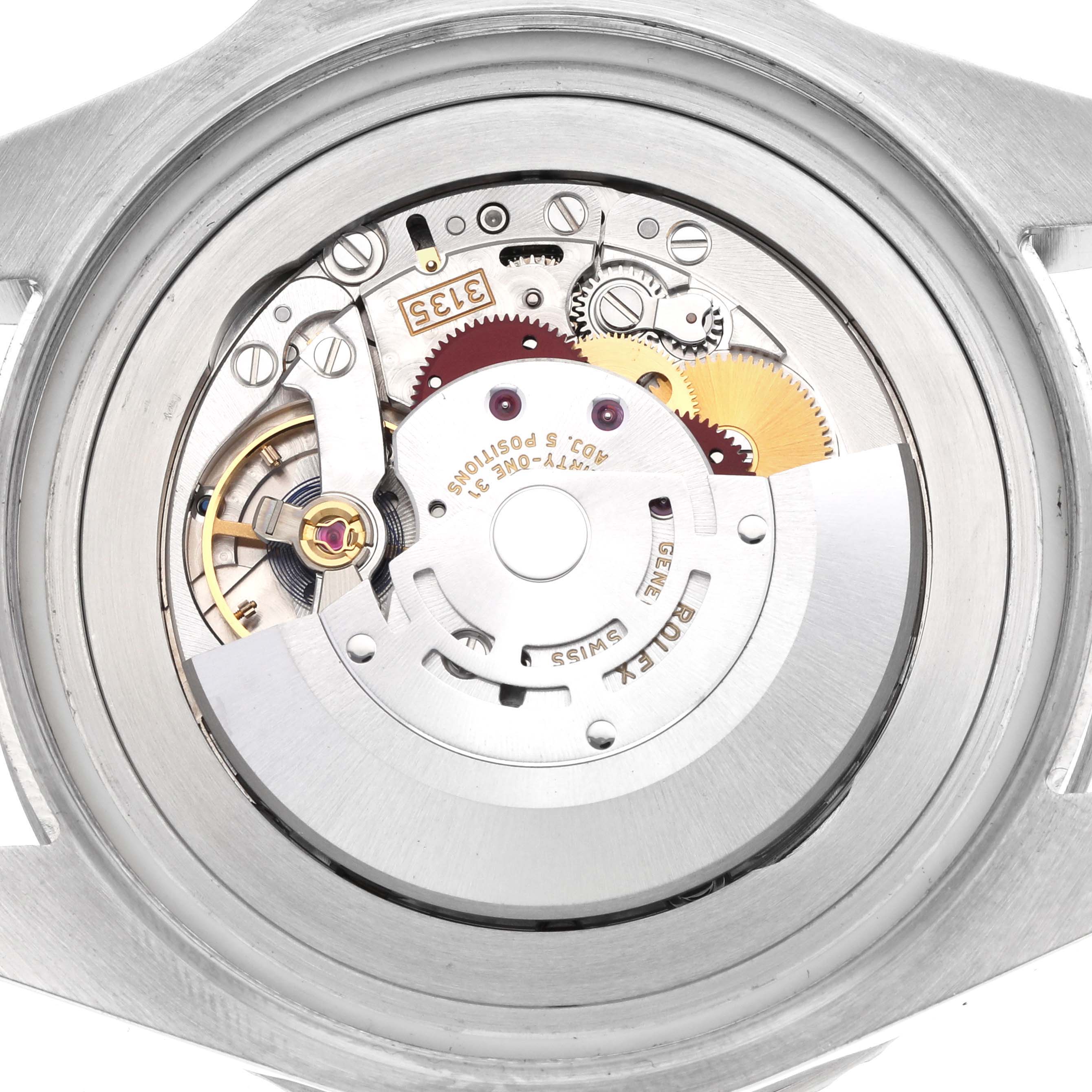 The image shows the movement of a Rolex Sea-Dweller 116660 Men's Stainless Steel Blue Dial watch from the back, highlighting gears and components.