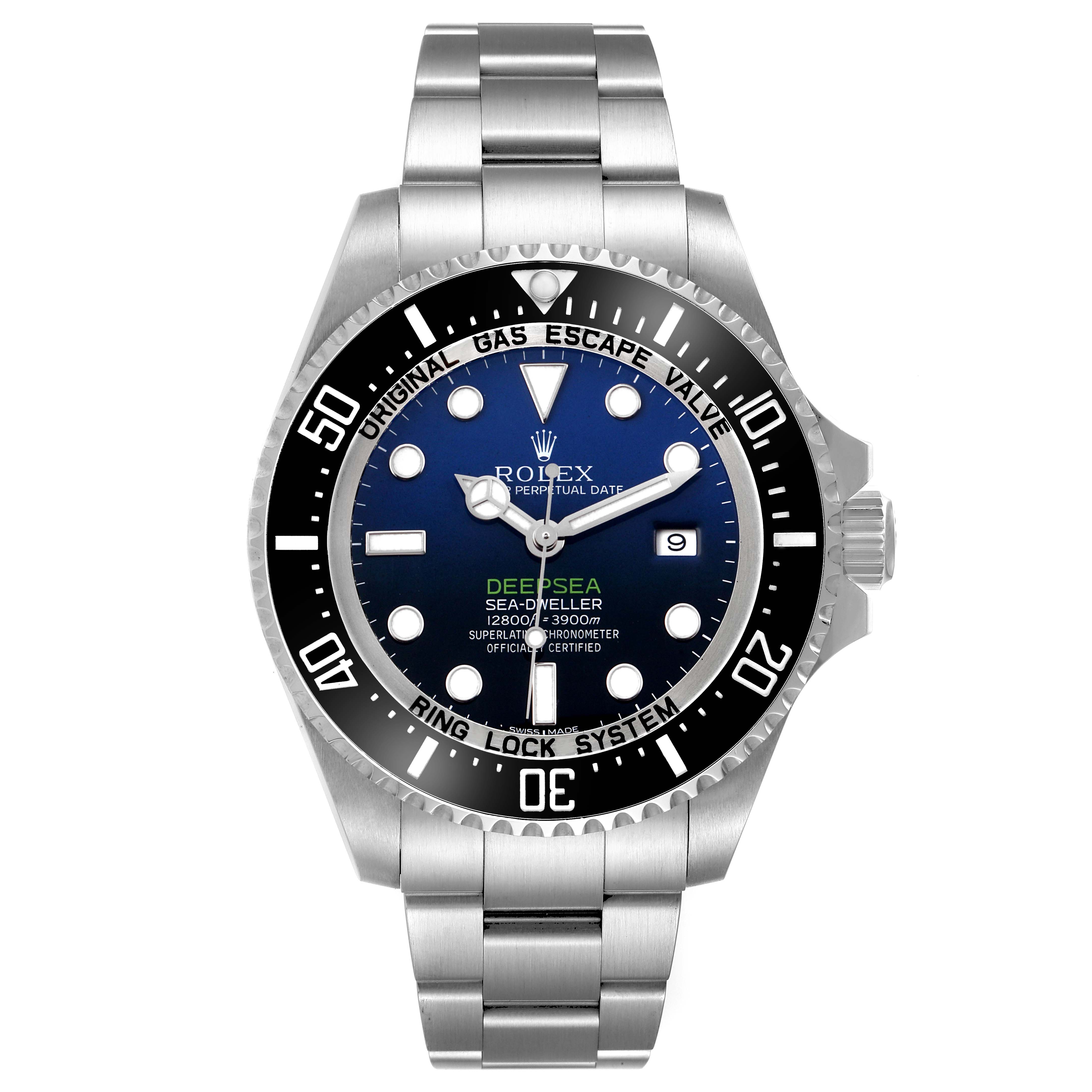The Rolex Sea-Dweller 116660 Men's Stainless Steel Blue Dial watch is shown from a front angle, highlighting its dial, bezel, and bracelet.