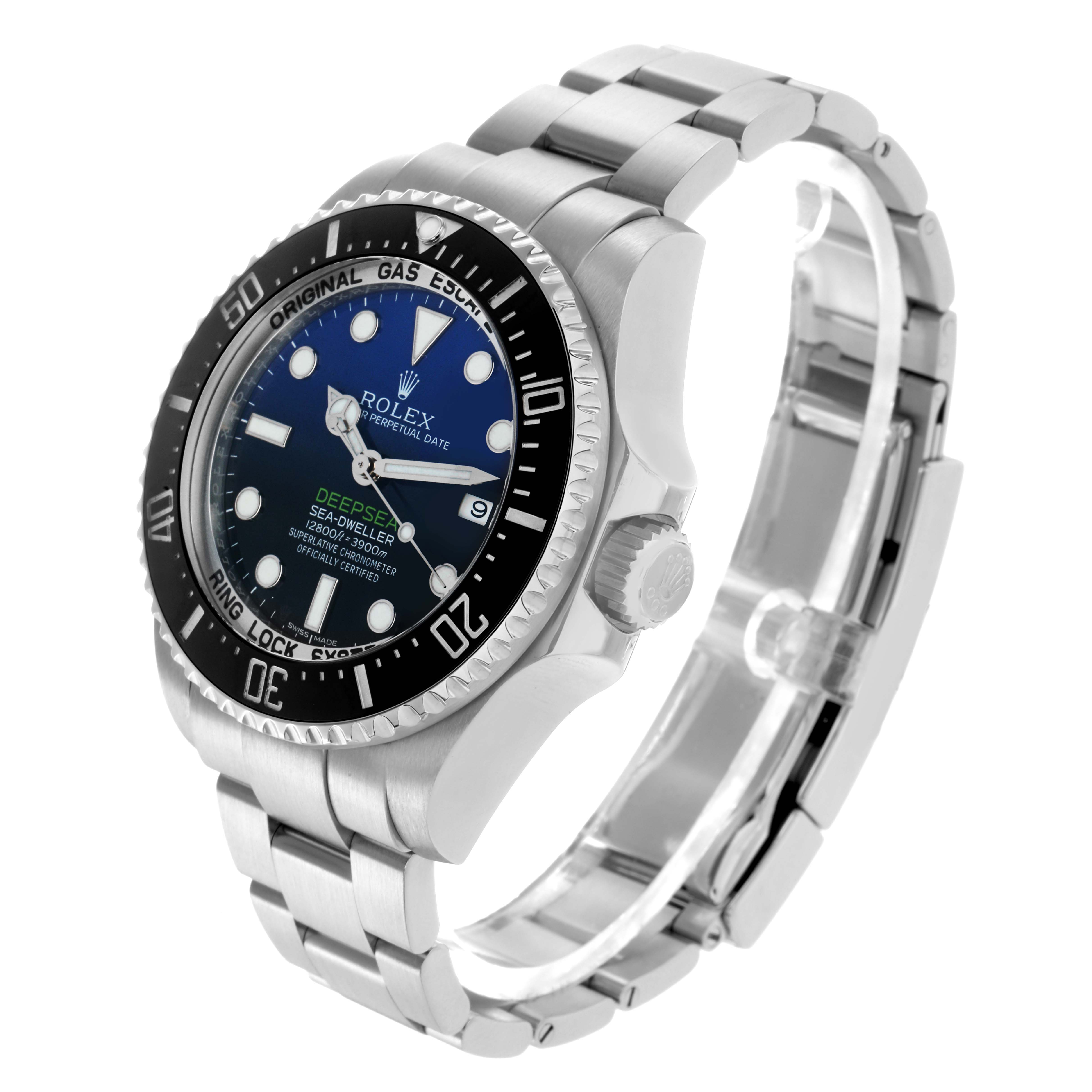 The Rolex Sea-Dweller 116660 Men's Stainless Steel Blue Dial watch is shown at a side angle, highlighting the face, bezel, crown, and bracelet.