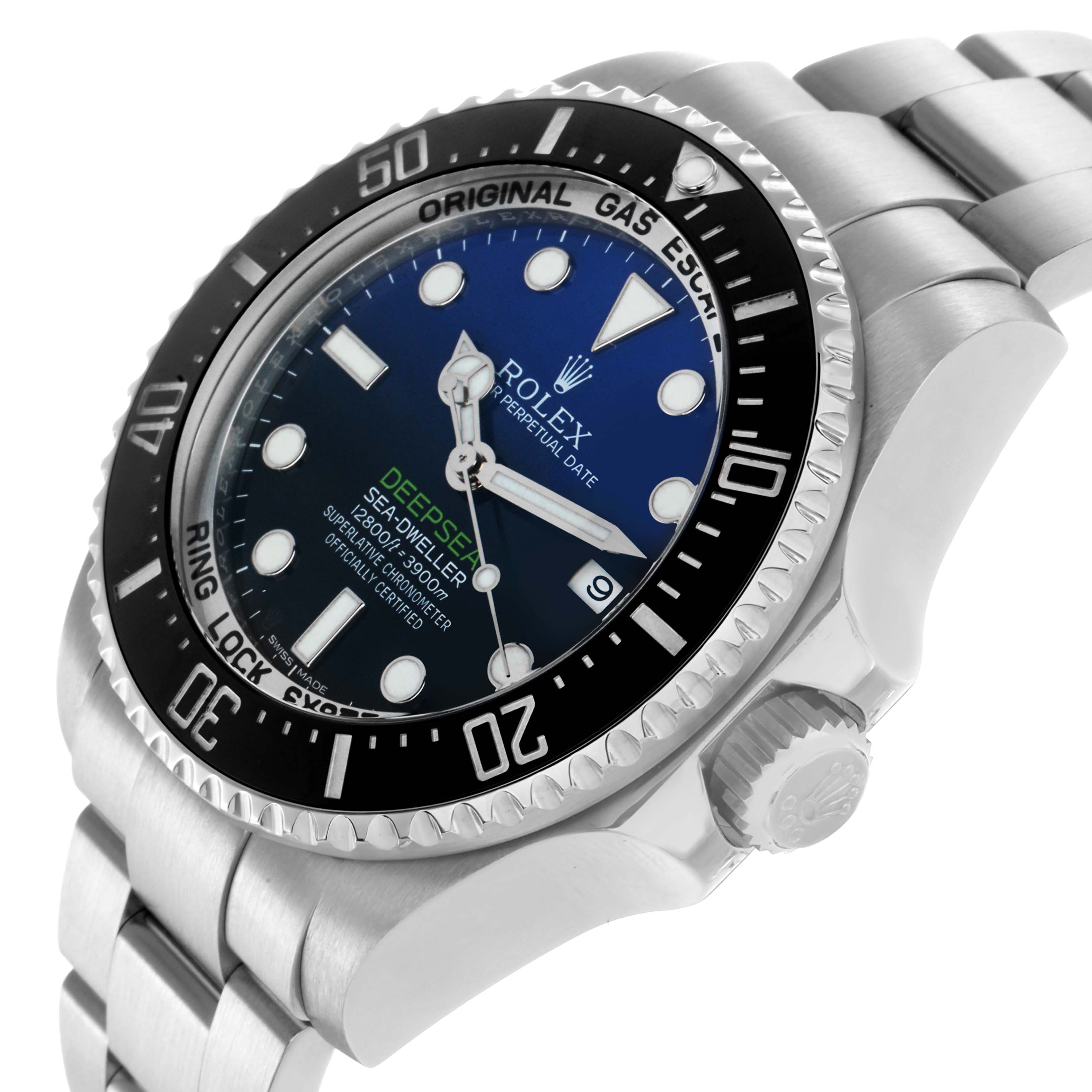 The Rolex Sea-Dweller 116660 Men's Stainless Steel Blue Dial watch is shown at an angled side view, highlighting the bezel, dial, crown, and part of the bracelet.