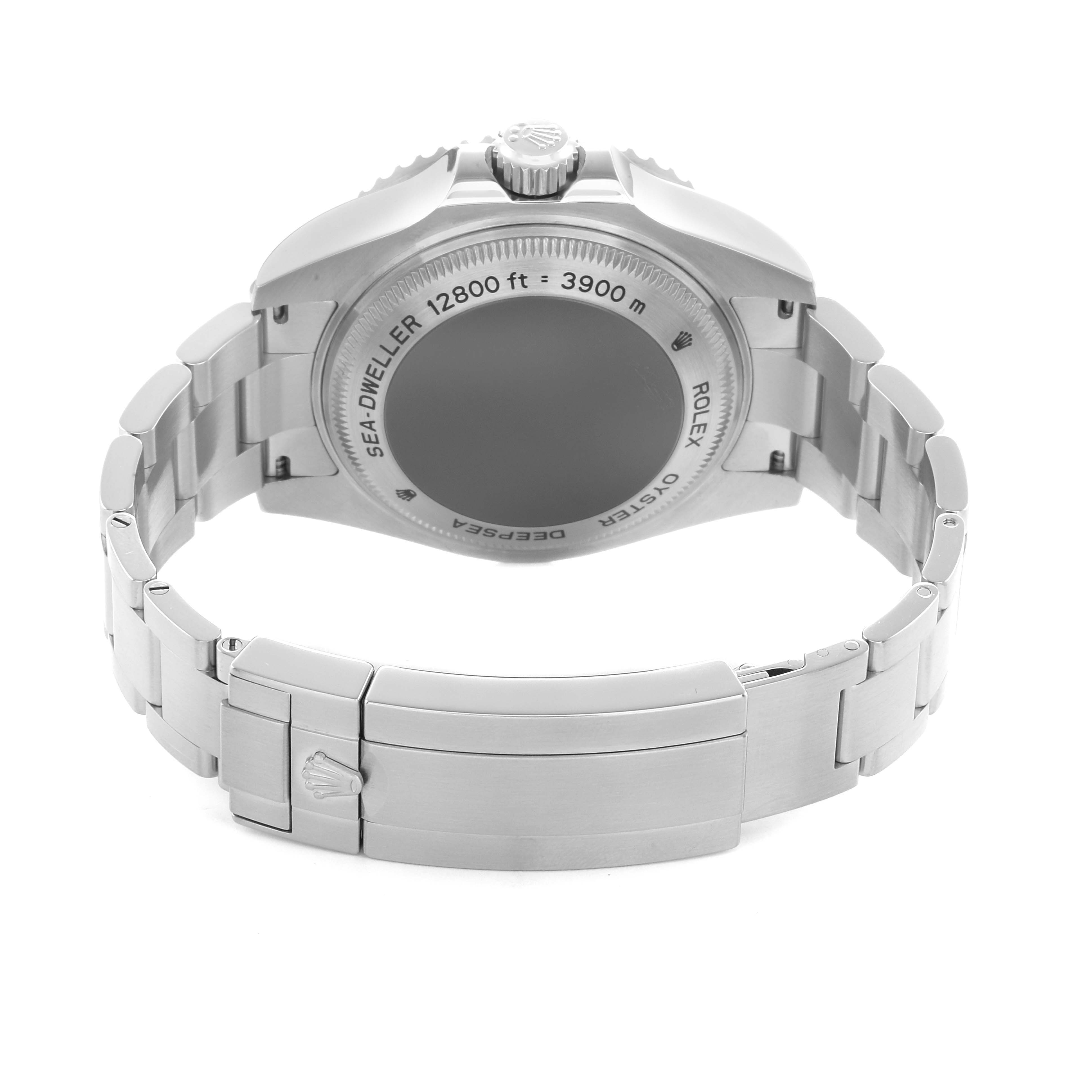 The Rolex Sea-Dweller 116660 Men's Stainless Steel Blue Dial is shown from the back, highlighting the case back, bracelet, and clasp.