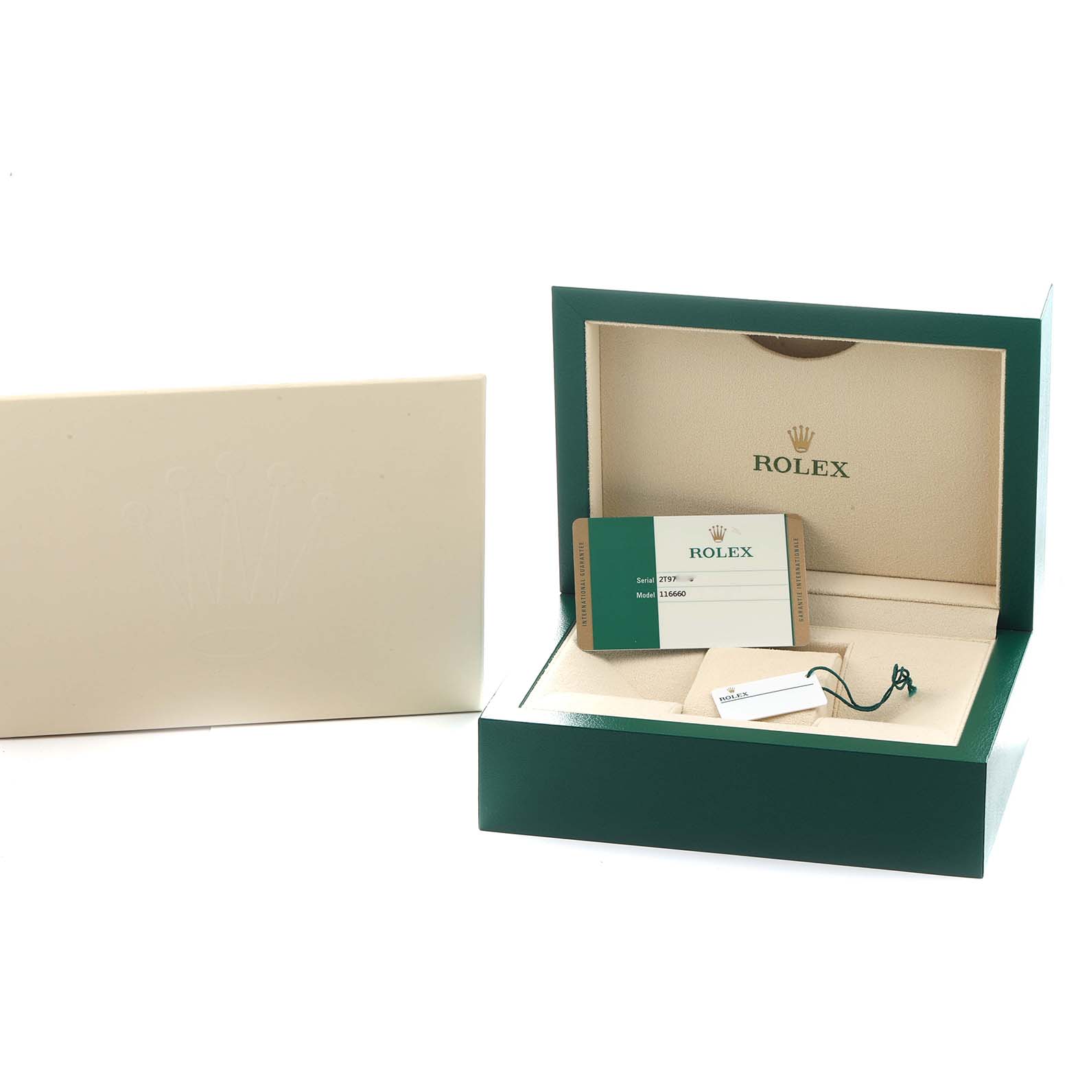 The image shows a Rolex Sea-Dweller 116660 Men's Stainless Steel Blue Dial box and warranty card, presented at an angle displaying the interior and accessories.
