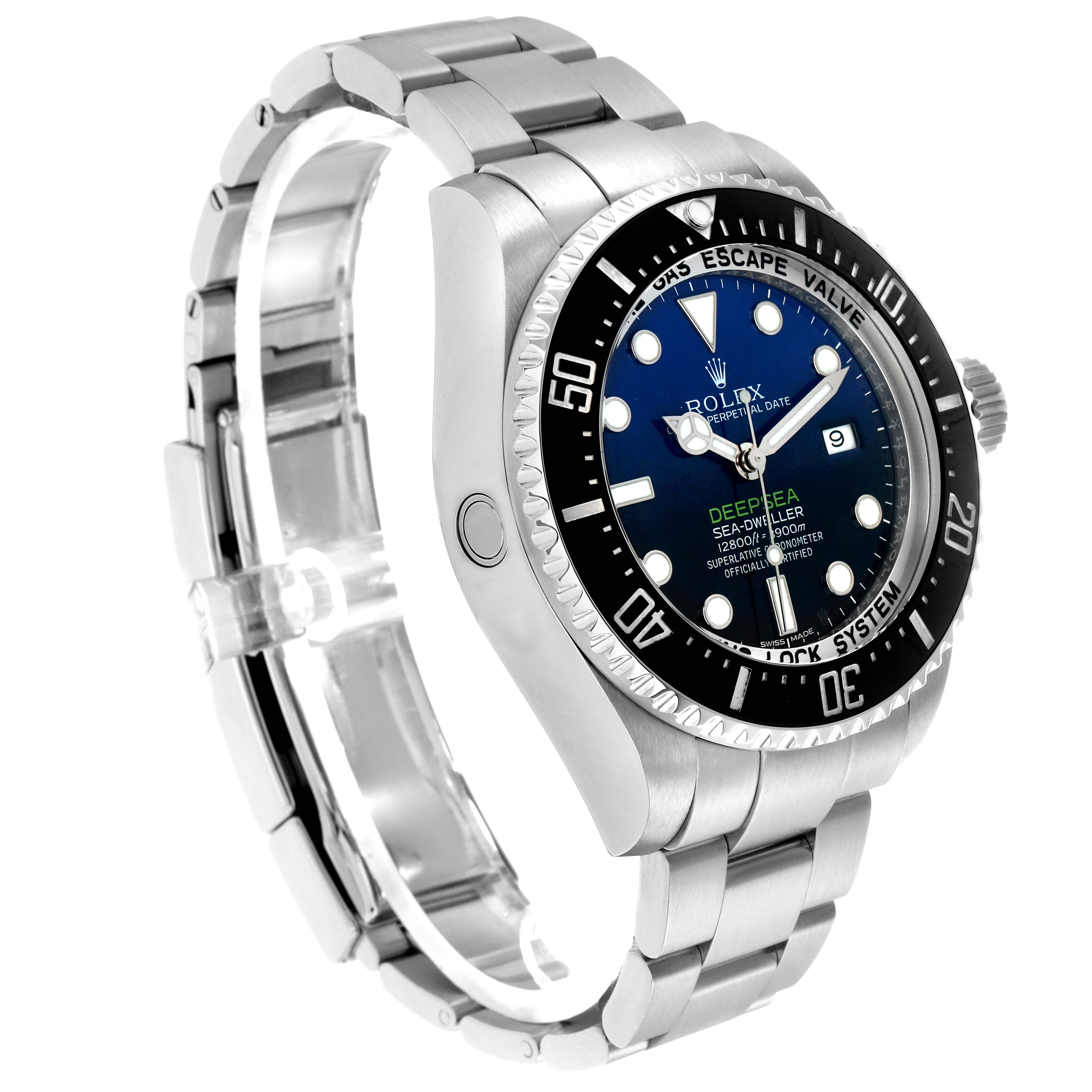 The Rolex Sea-Dweller 116660 Men's Stainless Steel Blue Dial watch is shown at a three-quarter angle, highlighting its face, bezel, and bracelet.
