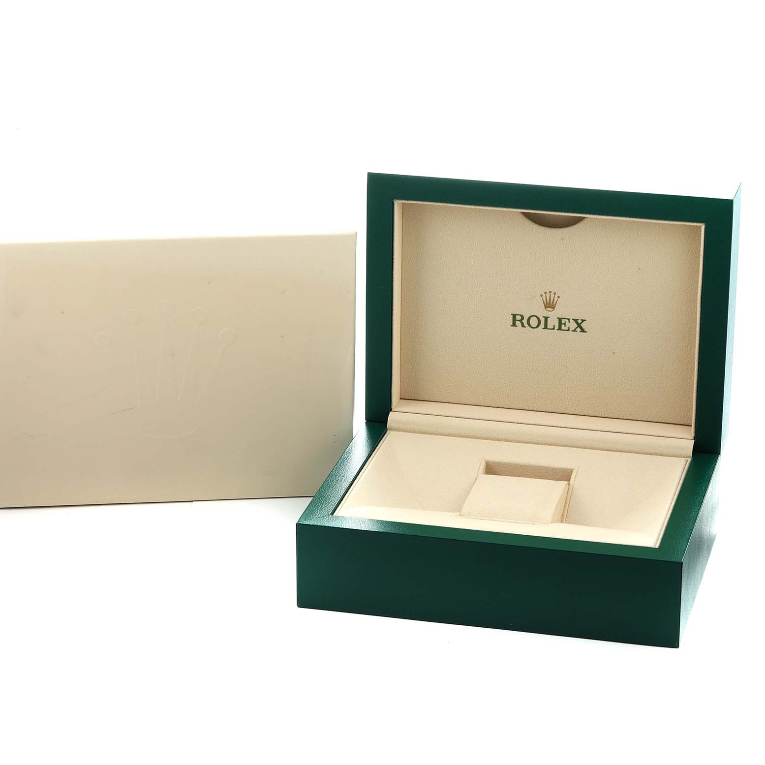 The image shows an open green Rolex watch box, suitable for a Sea-Dweller model, with the Rolex logo on the inside.