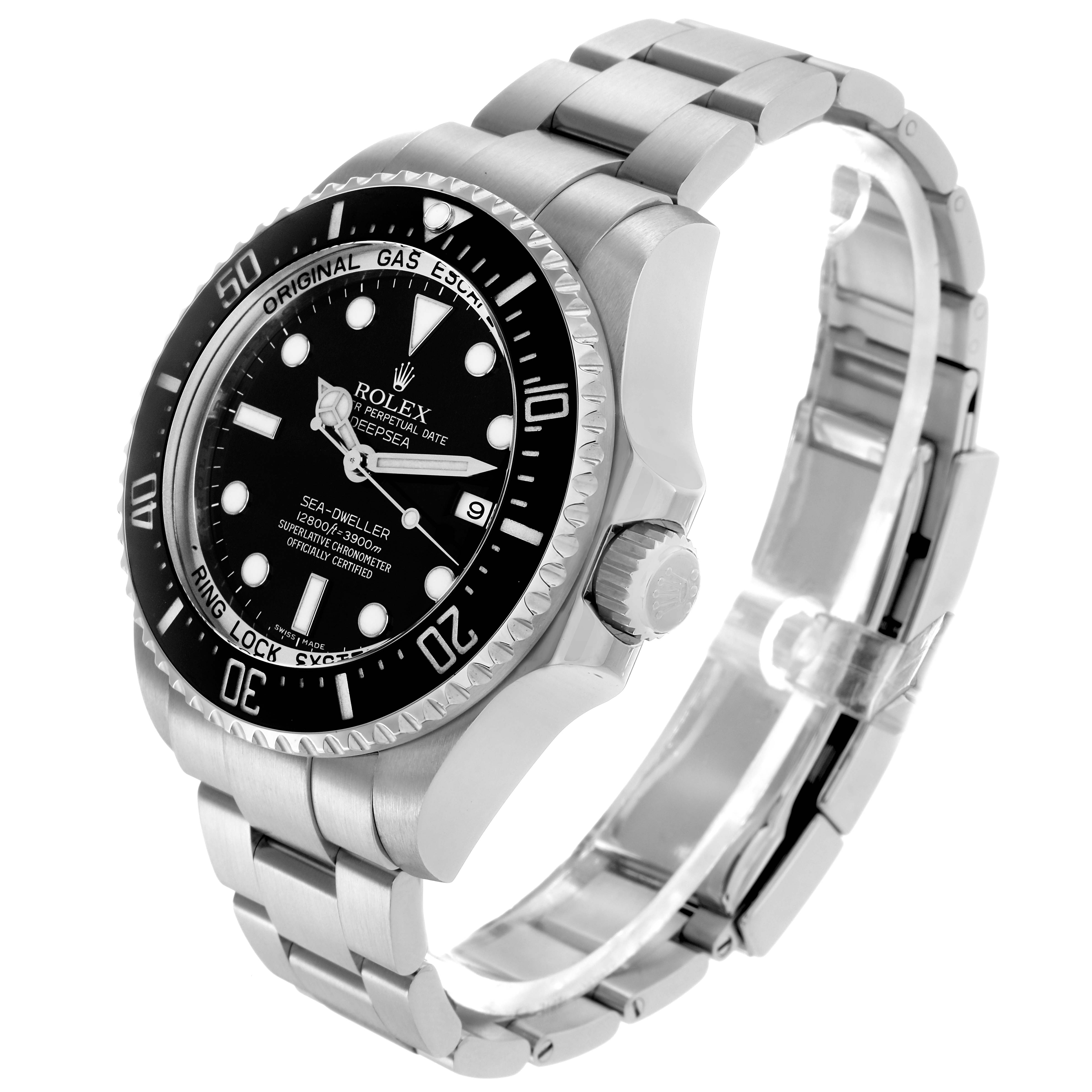 The Rolex Sea-Dweller 116660 Men
s Stainless Steel Black Dial watch is shown at a three-quarter angle, highlighting the bezel, dial, crown, and bracelet.