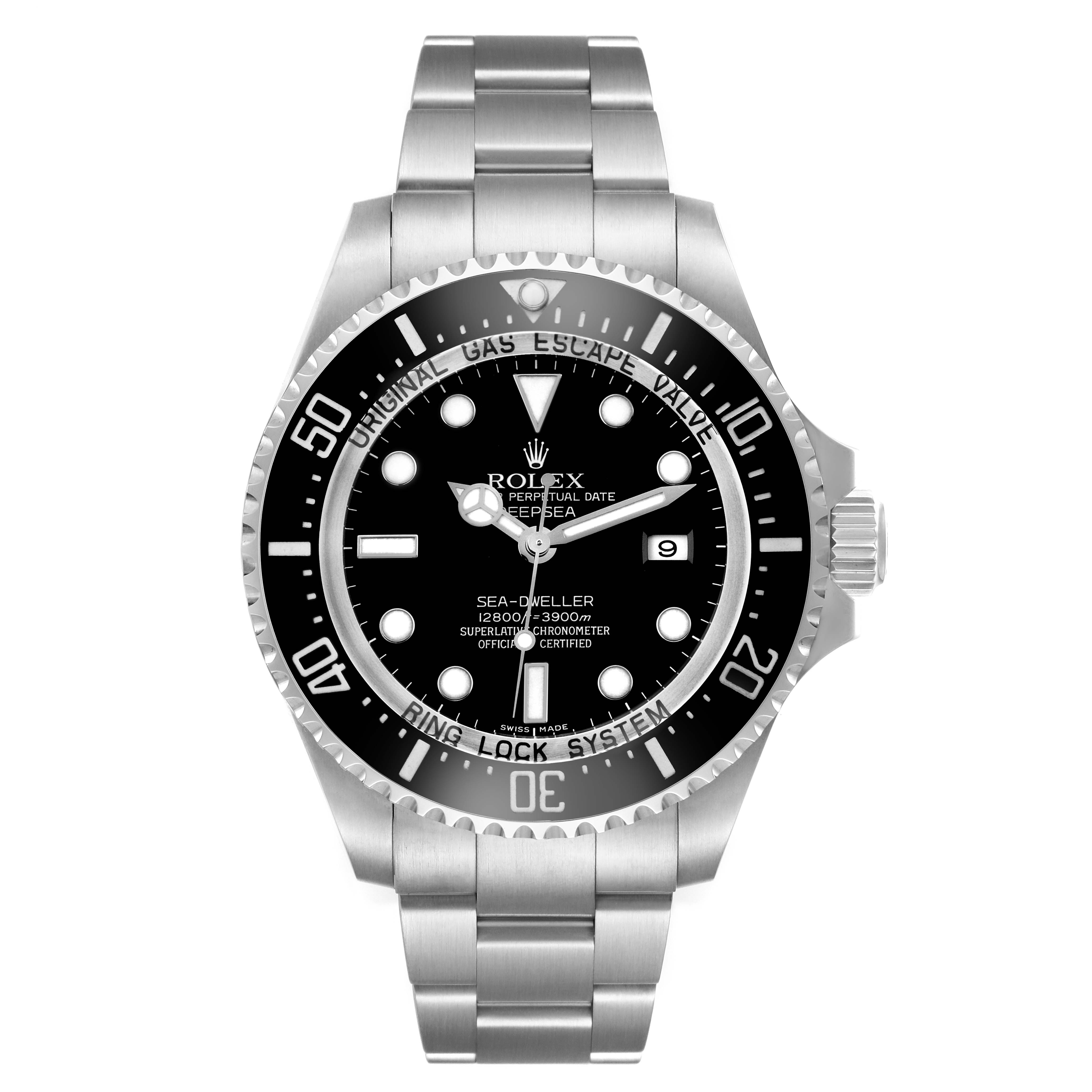 The image shows a Rolex Sea-Dweller 116660 Men
s Stainless Steel Black Dial watch from a frontal angle, highlighting the dial, bezel, and bracelet.