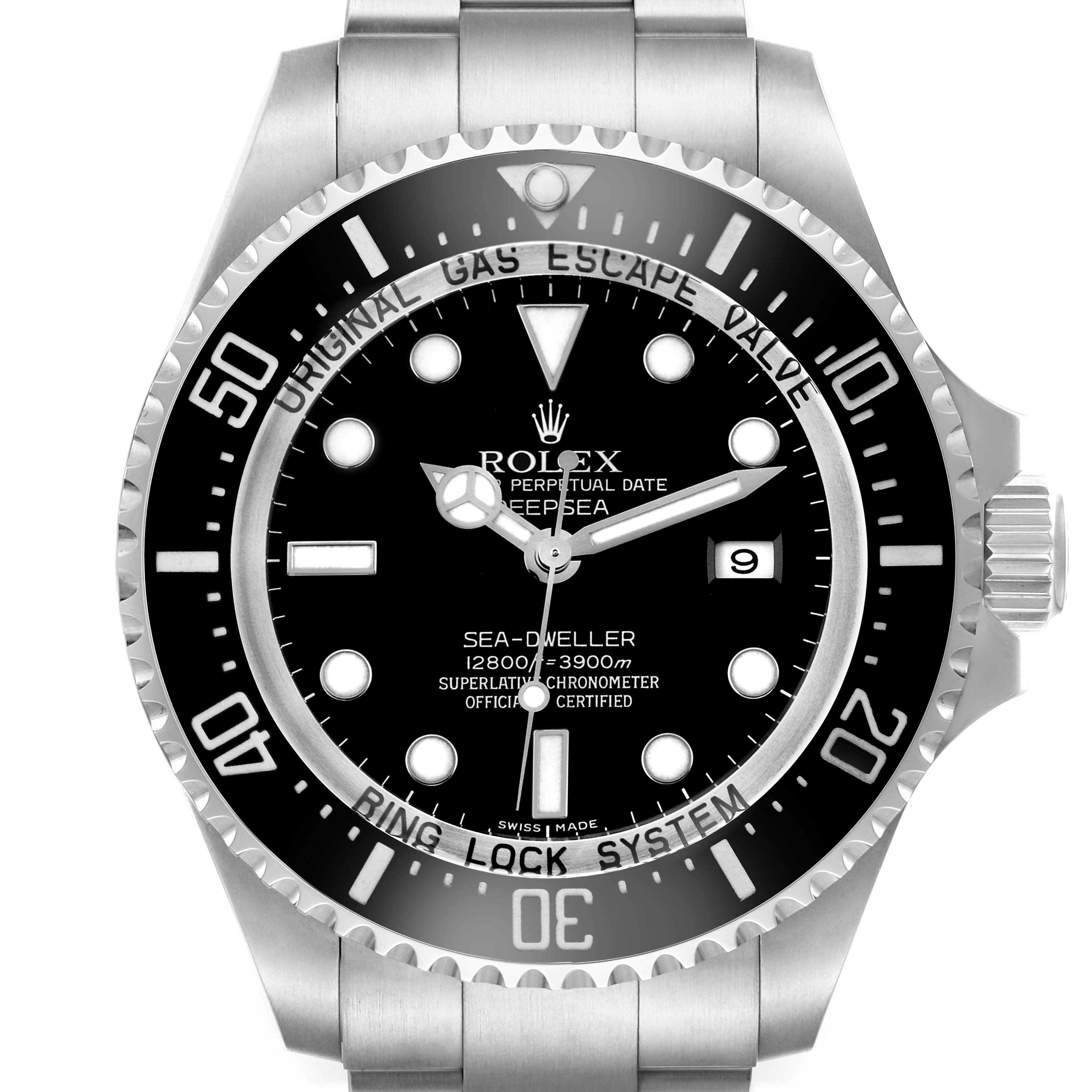 The image shows a front view of the Rolex Sea-Dweller 116660 Men
s Stainless Steel Black Dial, highlighting the dial, bezel, crown, and part of the bracelet.